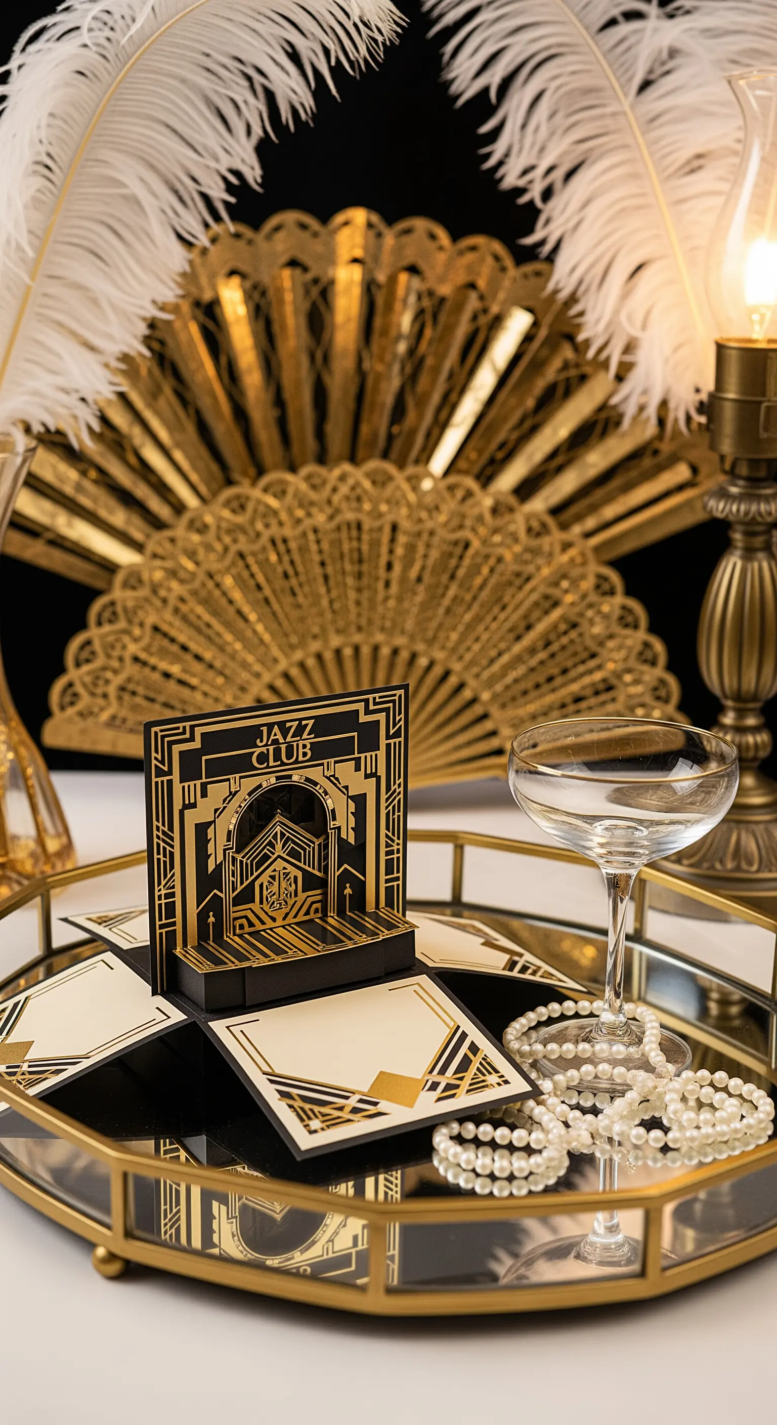 Invito pop-up Art Déco in nero e oro a tema Jazz Club, con perle e una coppa di champagne.