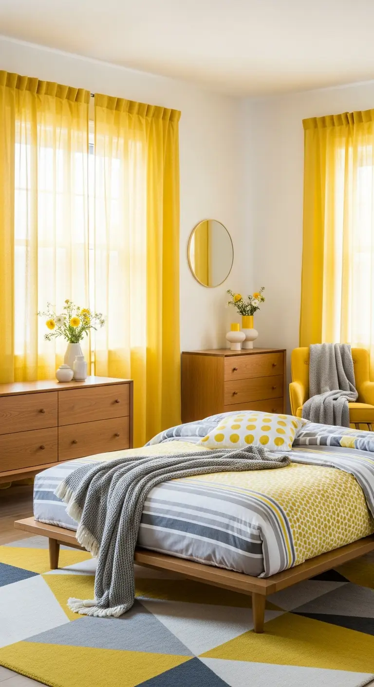 Camera da letto luminosa con tende giallo canarino, mobili in legno chiaro e biancheria a motivi.