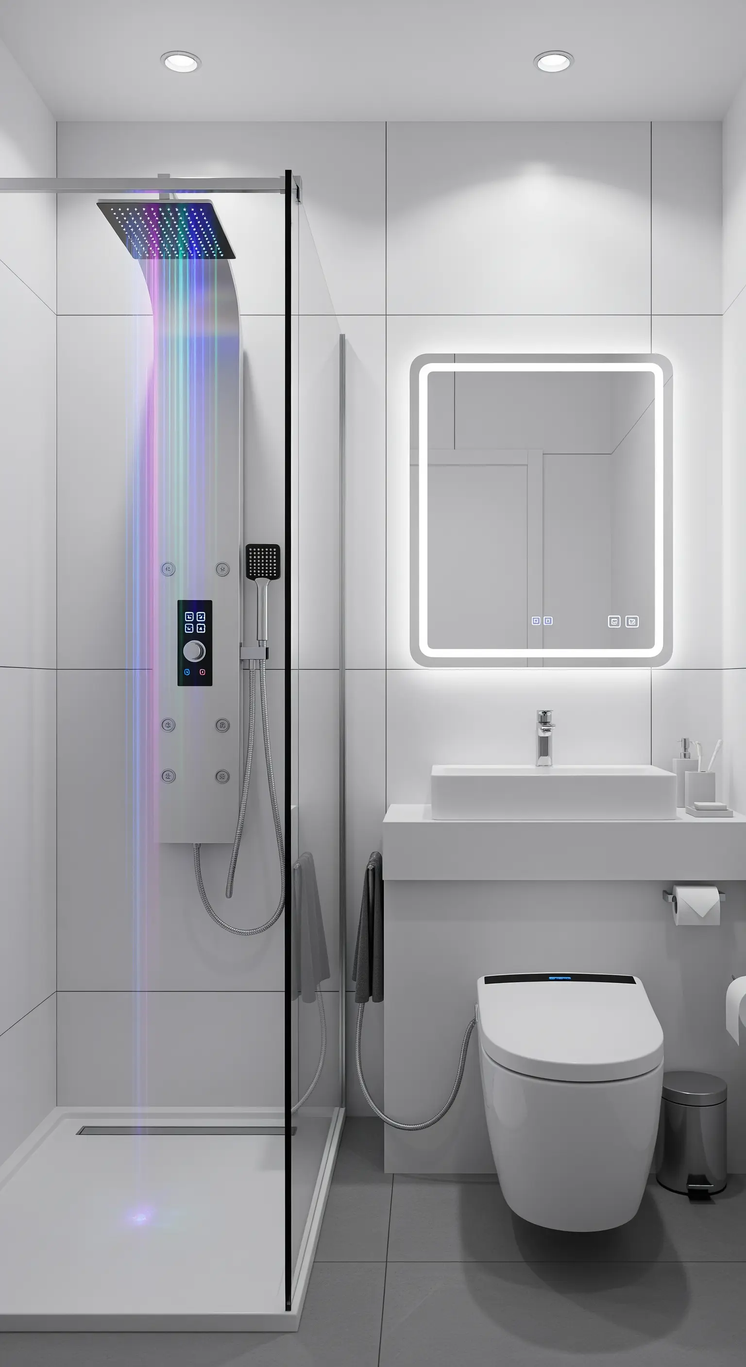Bagno total white con pannello doccia a LED colorati e specchio retroilluminato.