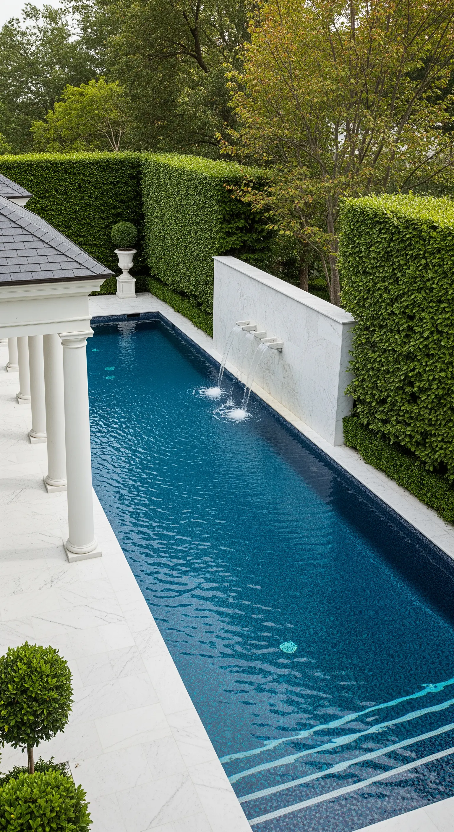 Piscina rettangolare con bordo in marmo, cascate d'acqua e colonne bianche laterali.