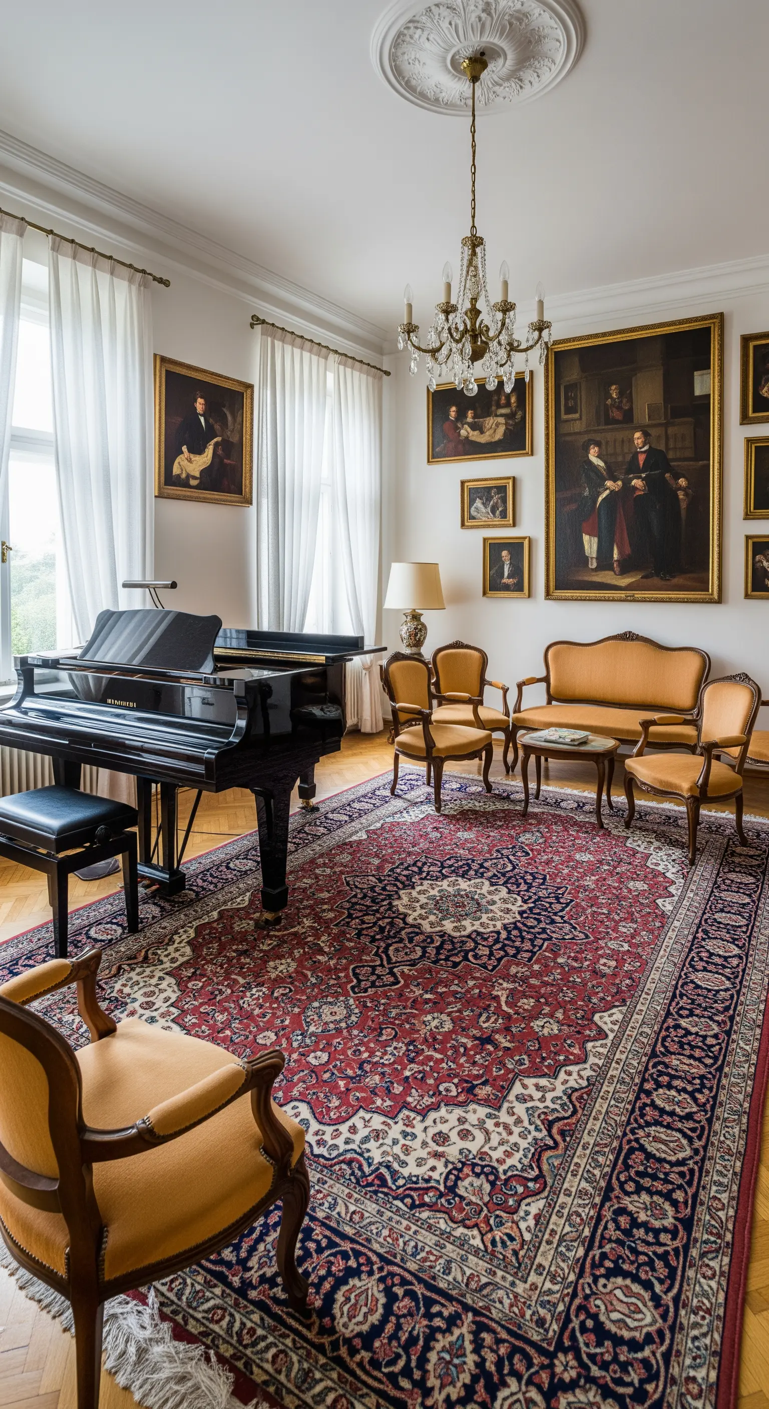 Soggiorno con pianoforte a coda, mobili classici e grande tappeto persiano.