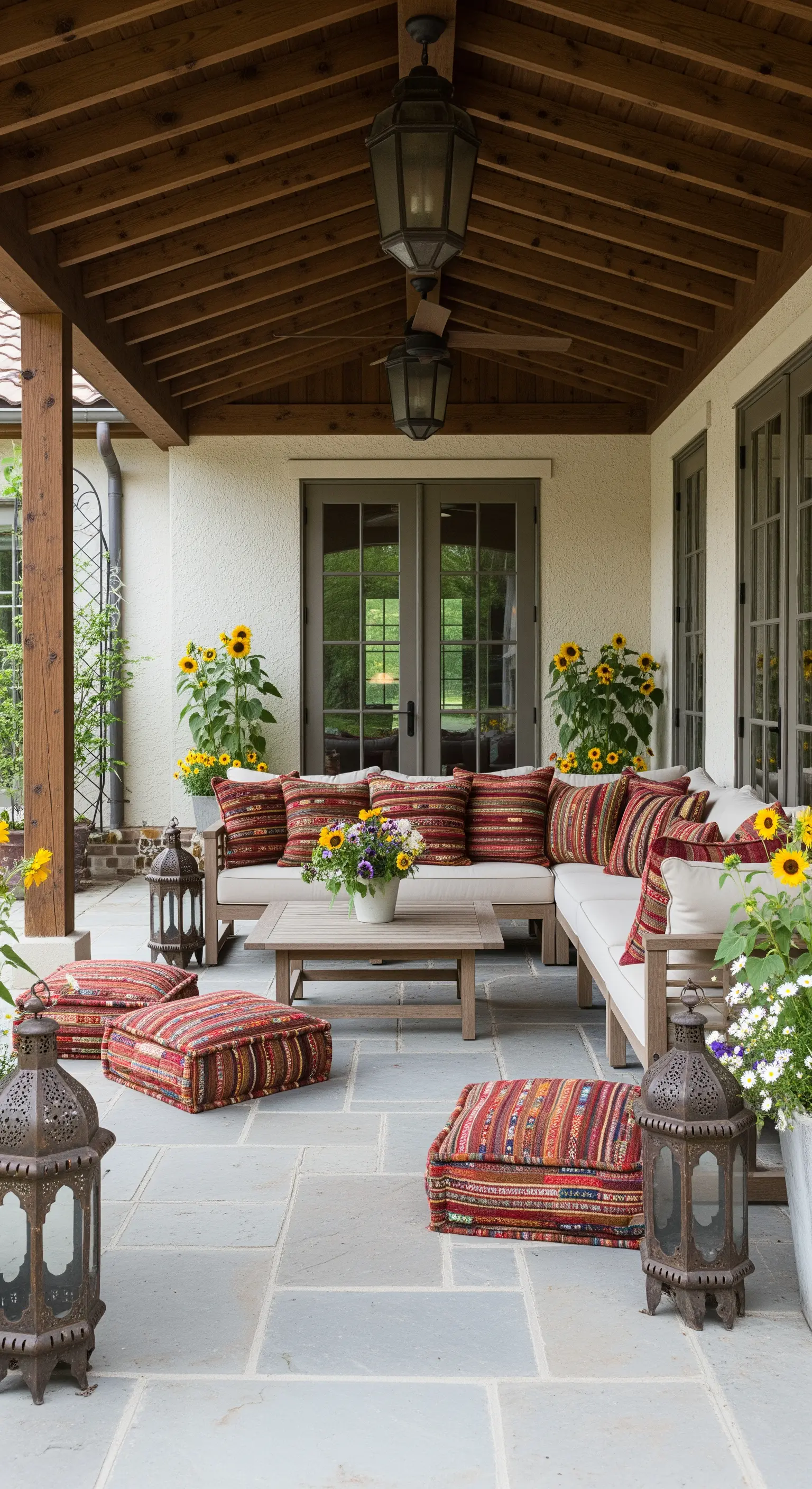 Patio moderno con divano a L, cuscini e pouf in stile kilim e lanterne marocchine.