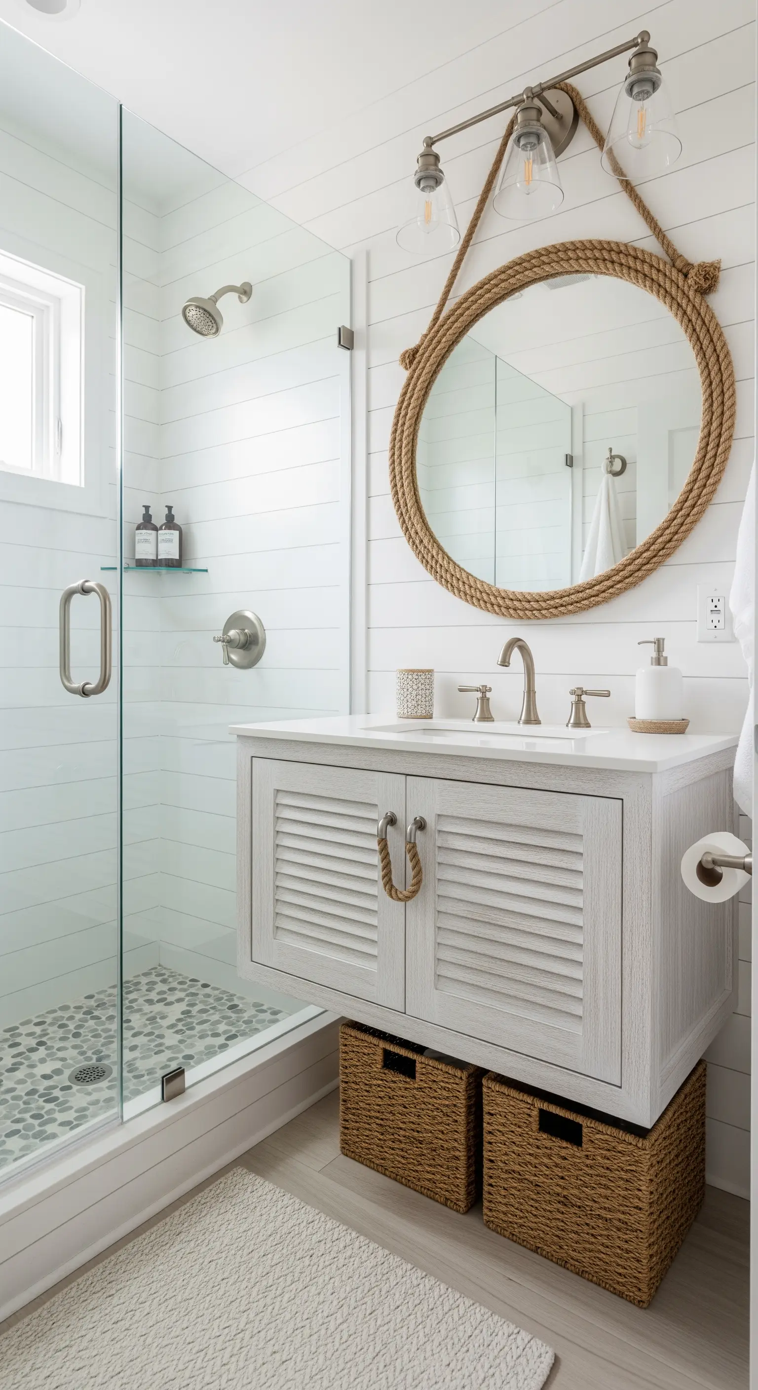 Mobile bagno sospeso in stile coastal con cesti in vimini e specchio con cornice di corda.