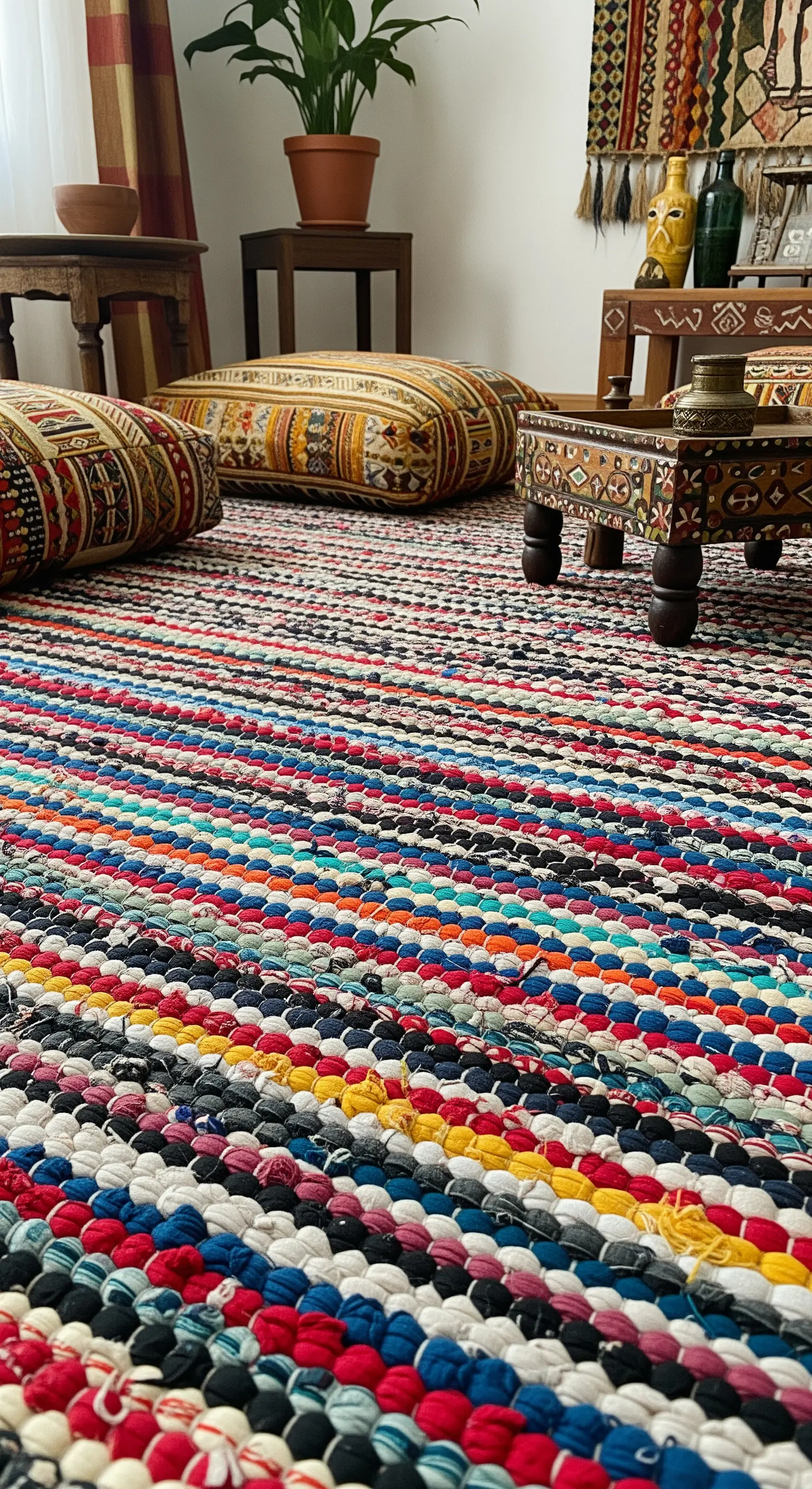 Primo piano di un tappeto intrecciato a mano con strisce di tessuto multicolore in un ambiente bohémien