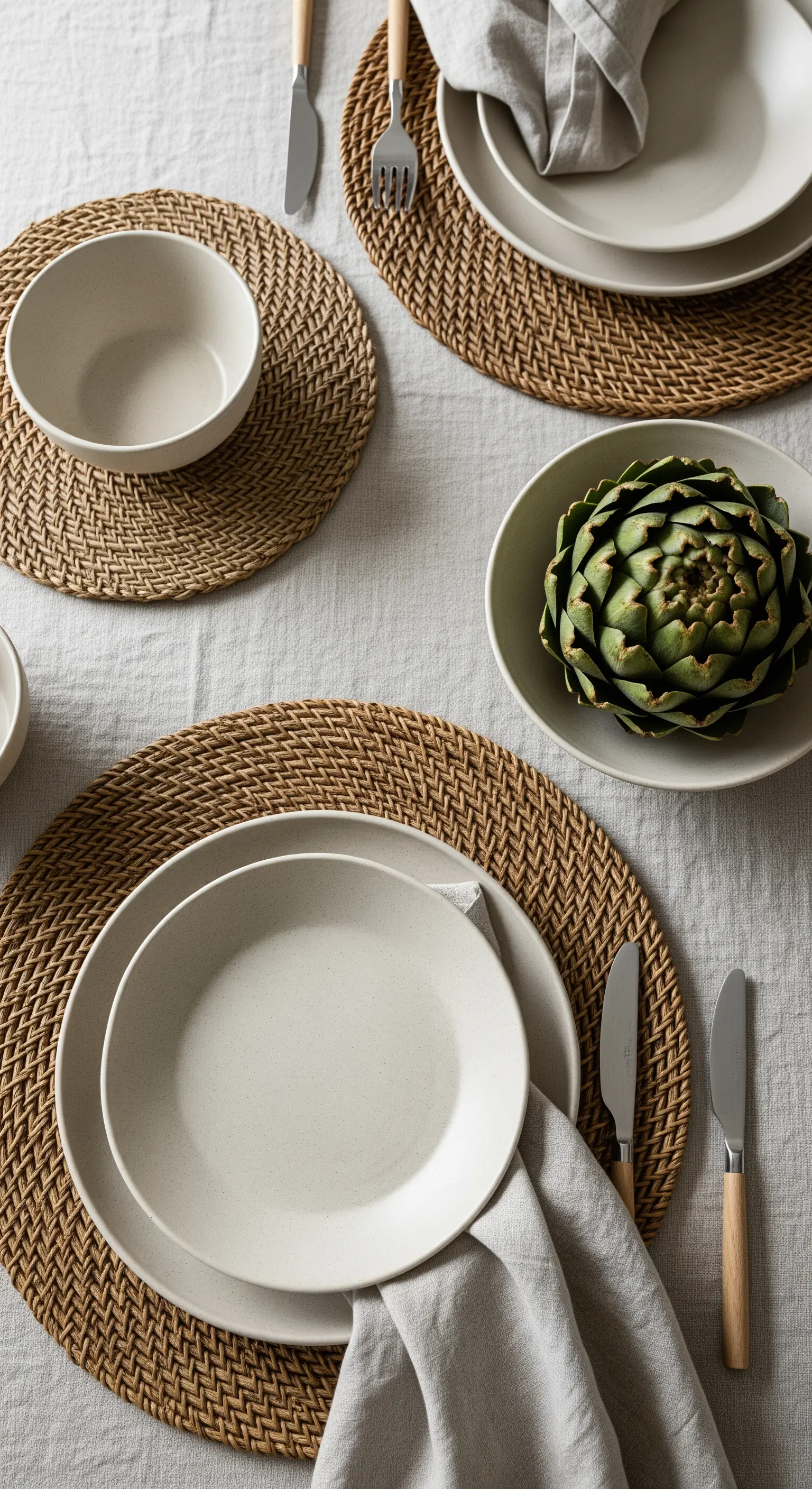 Tavola con sottopiatto in rattan, piatti color avorio e un carciofo come decorazione