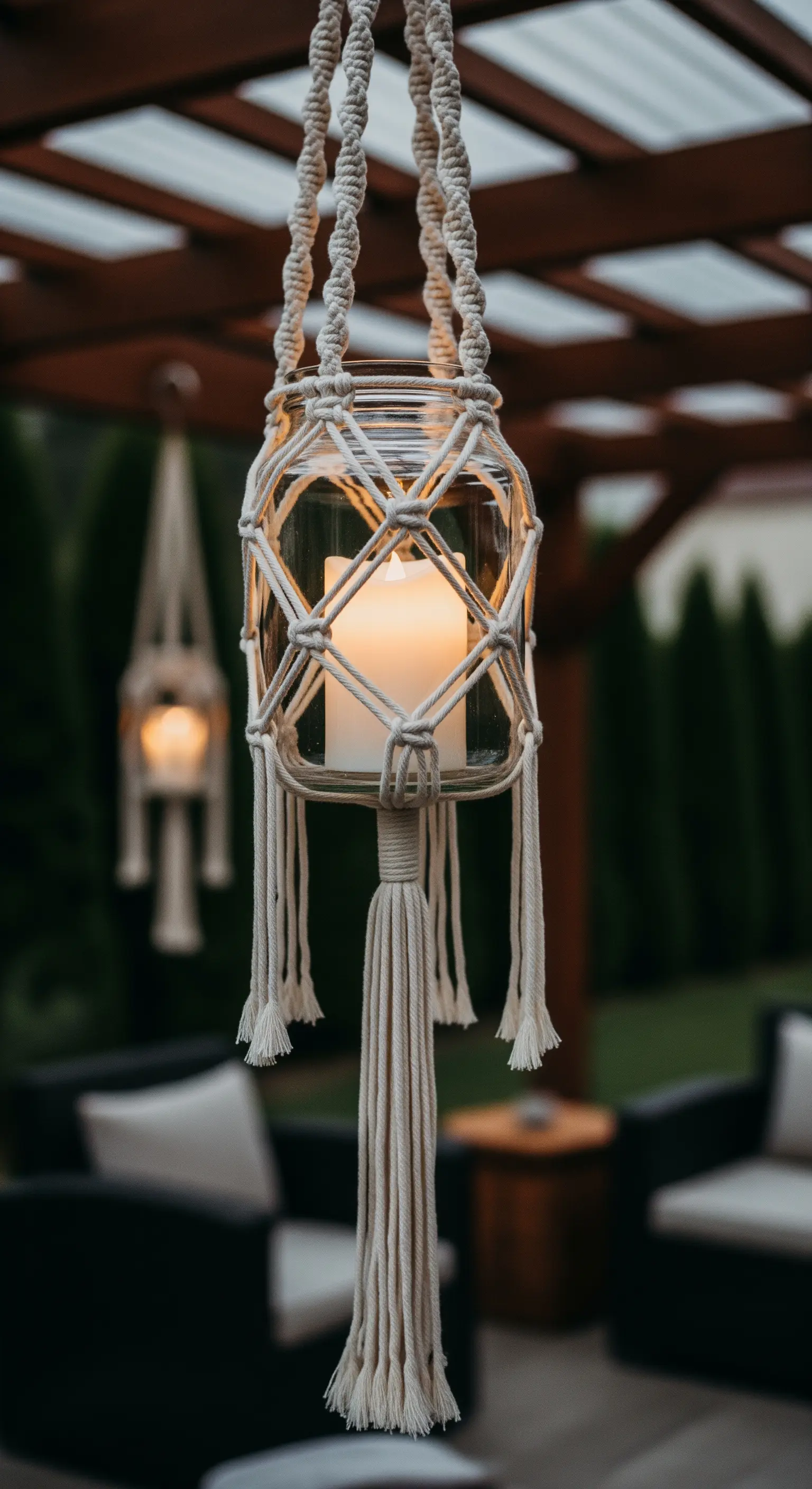 Lanterna in barattolo di vetro sospesa con un supporto in macramé di cotone bianco.