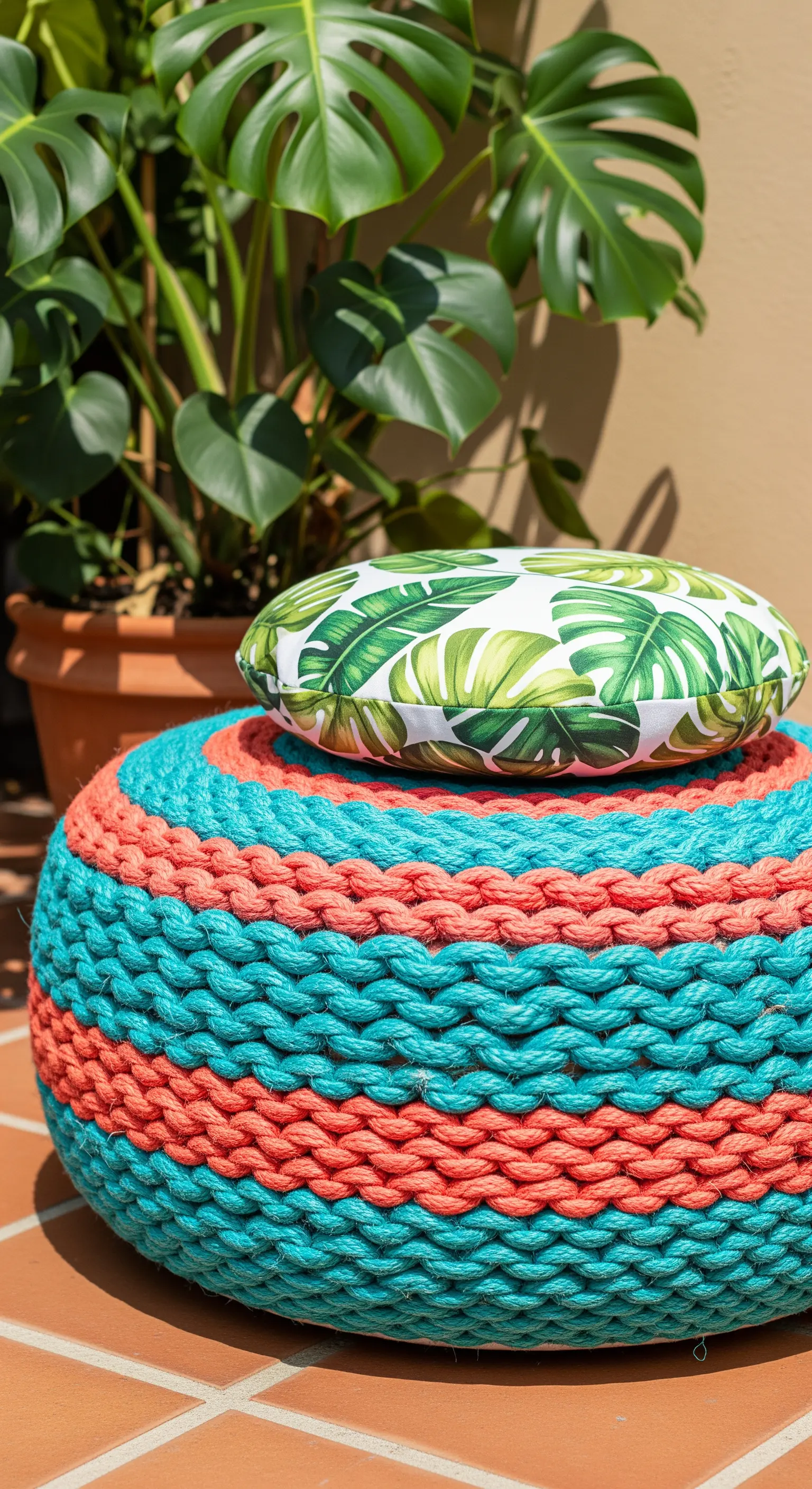 Pouf fai-da-te realizzato con corde spesse color corallo e turchese intrecciate su un pneumatico.