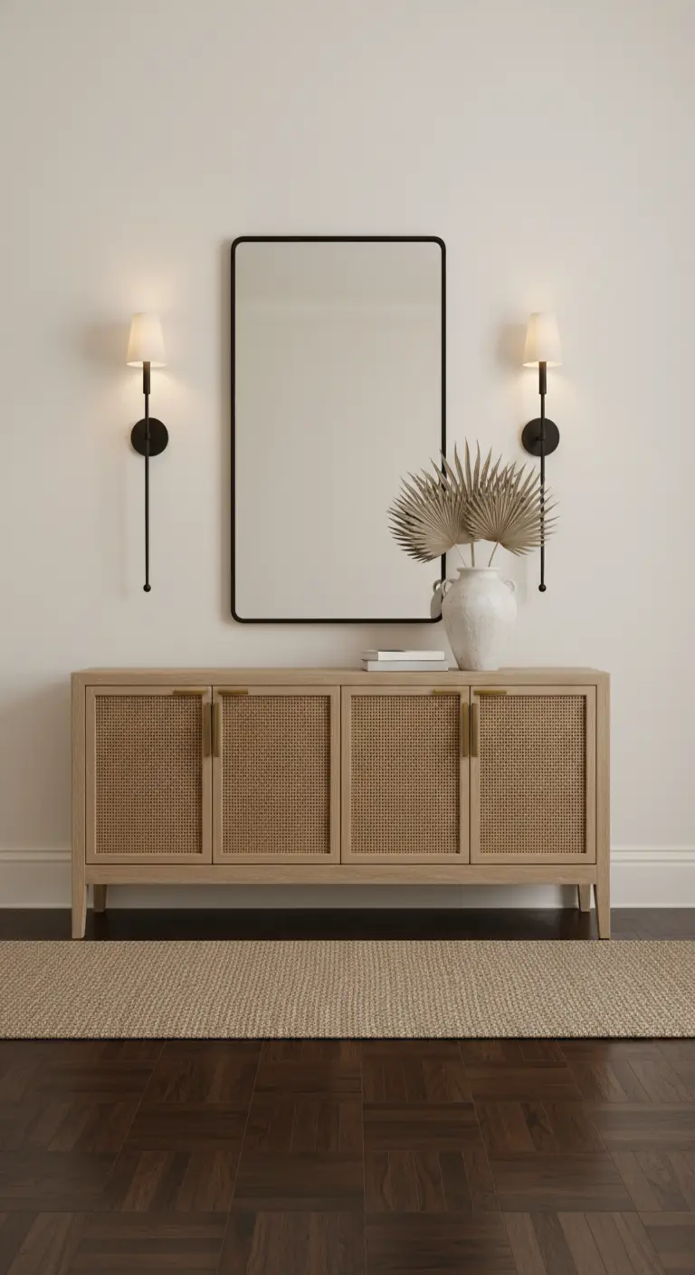 Credenza in legno chiaro e rattan con specchio nero verticale e applique simmetriche.