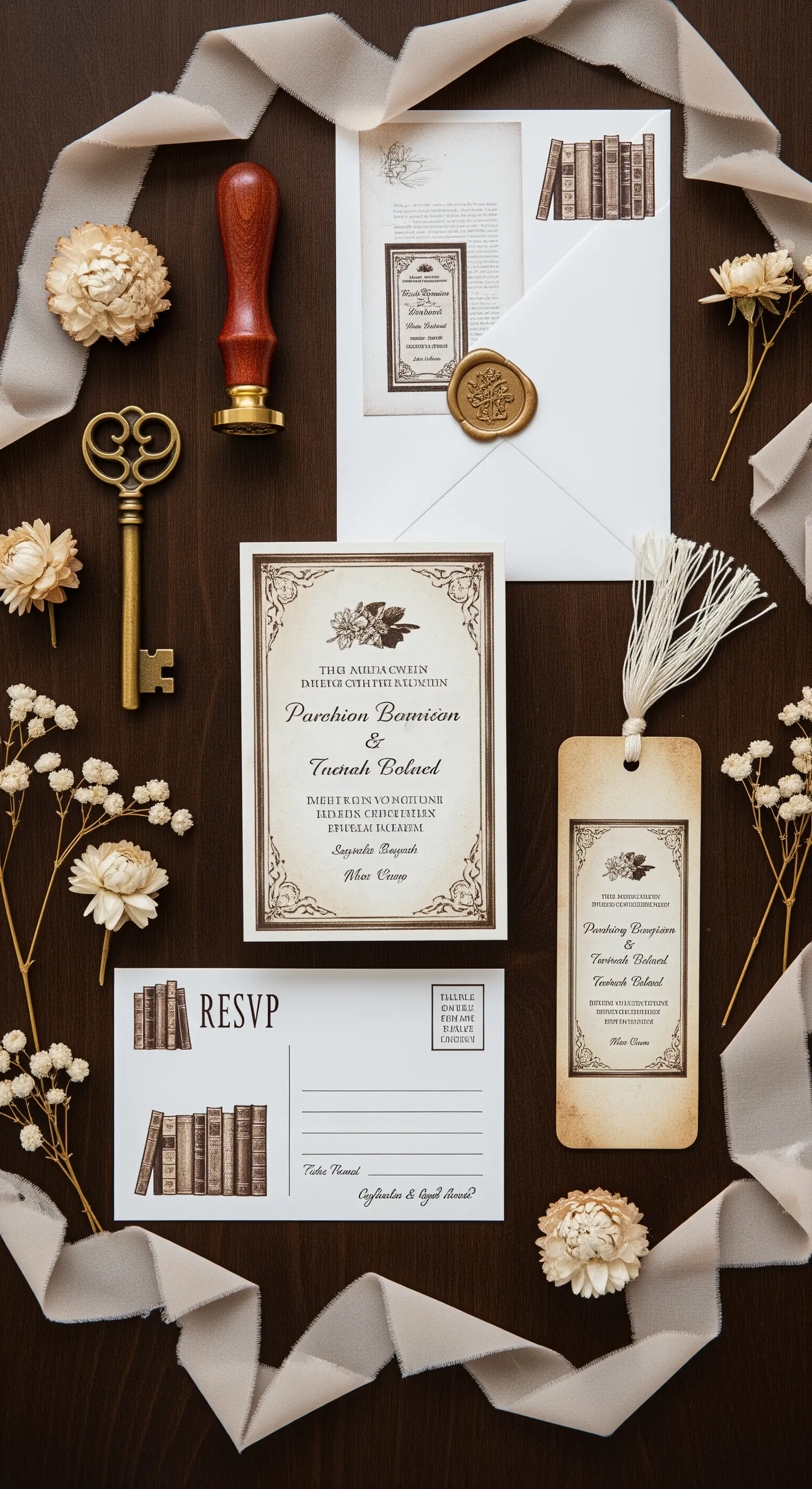 Suite di inviti di nozze in stile vintage con illustrazioni di libri, sigillo in ceralacca e segnalibro.