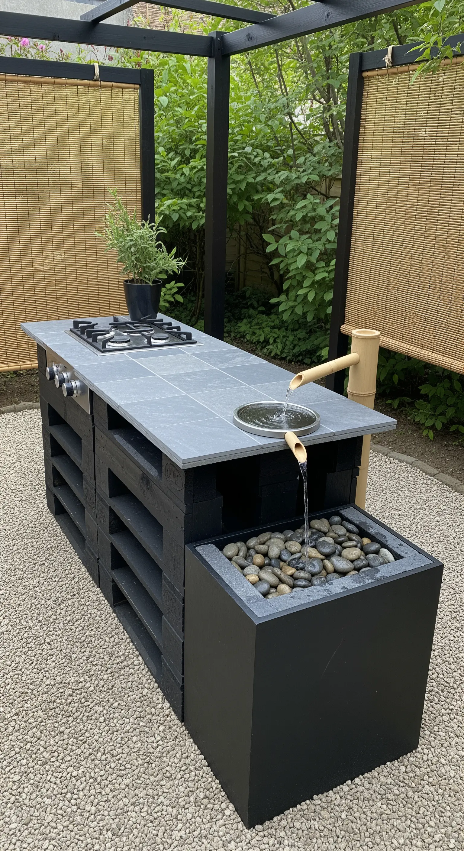 Isola cucina in pallet neri con piano in ardesia e una piccola fontana zen integrata.