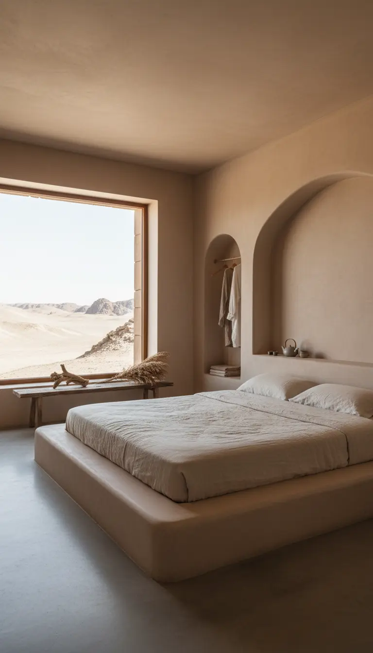 Letto basso integrato in una piattaforma in muratura color sabbia, con una nicchia ad arco.
