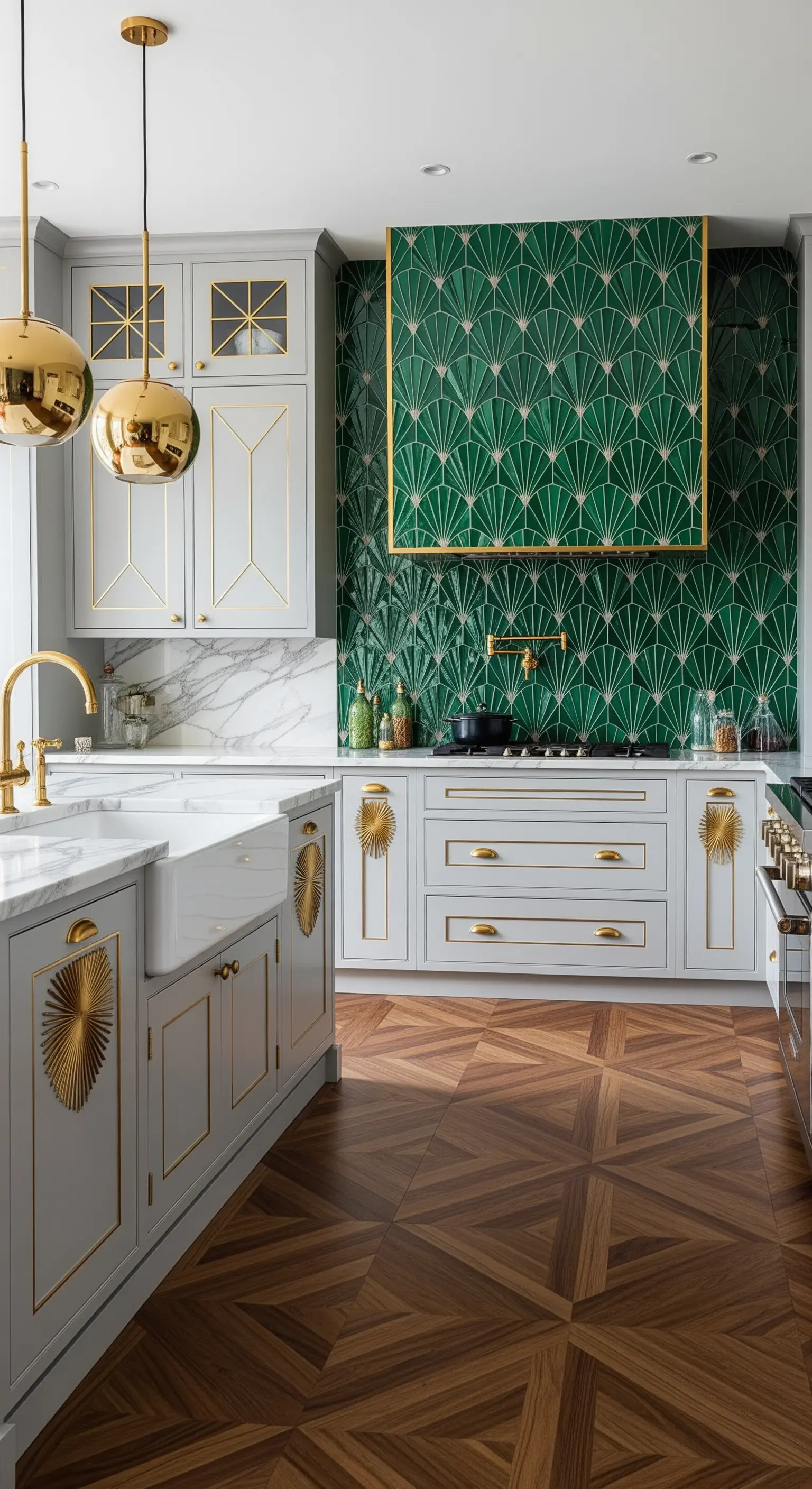 Cucina in stile Art Déco con piastrelle verdi a ventaglio, dettagli dorati e parquet geometrico.