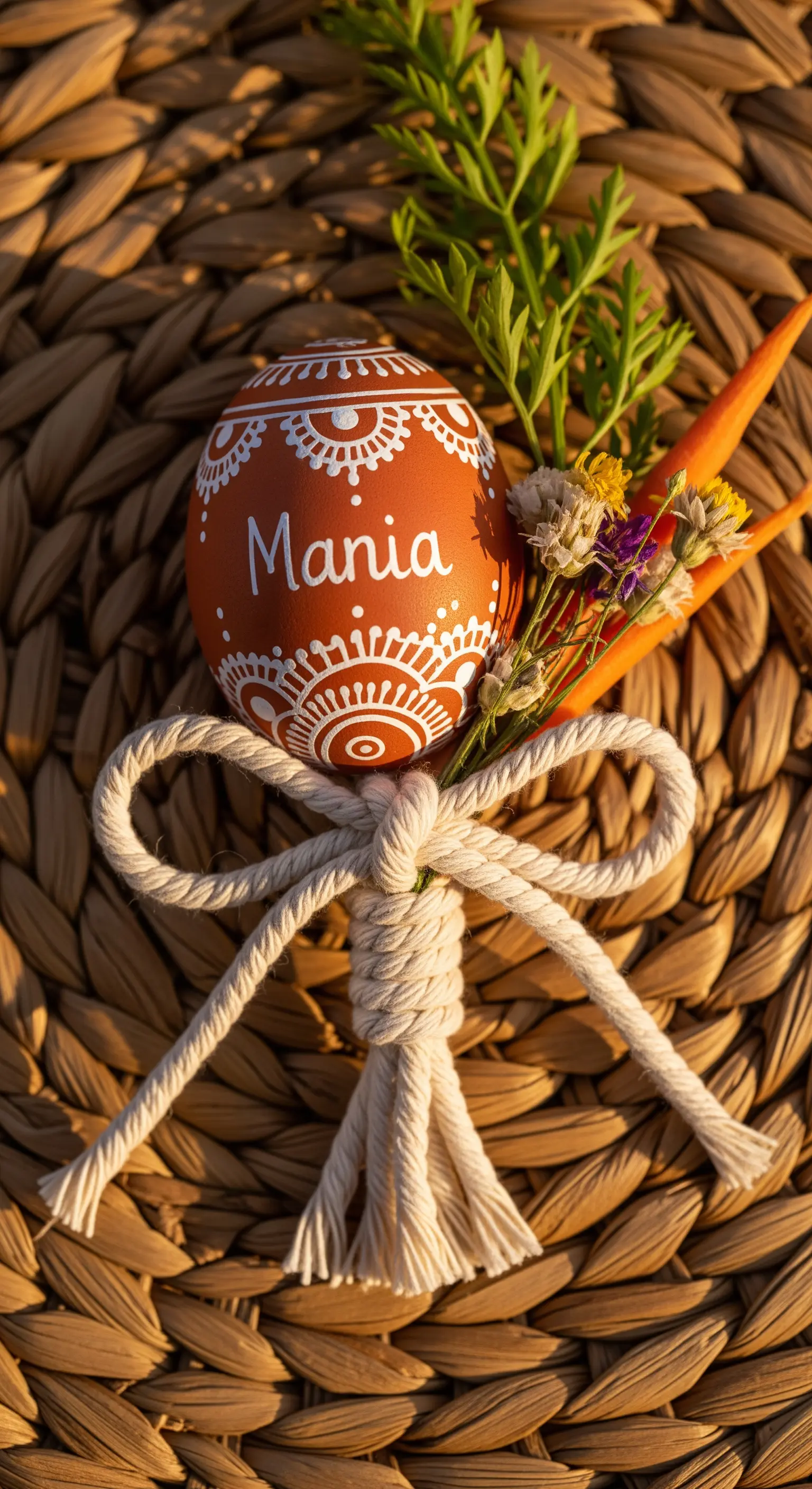 Segnaposto boho con uovo decorato in stile etnico, fiocco in macramé e fiori di campo.