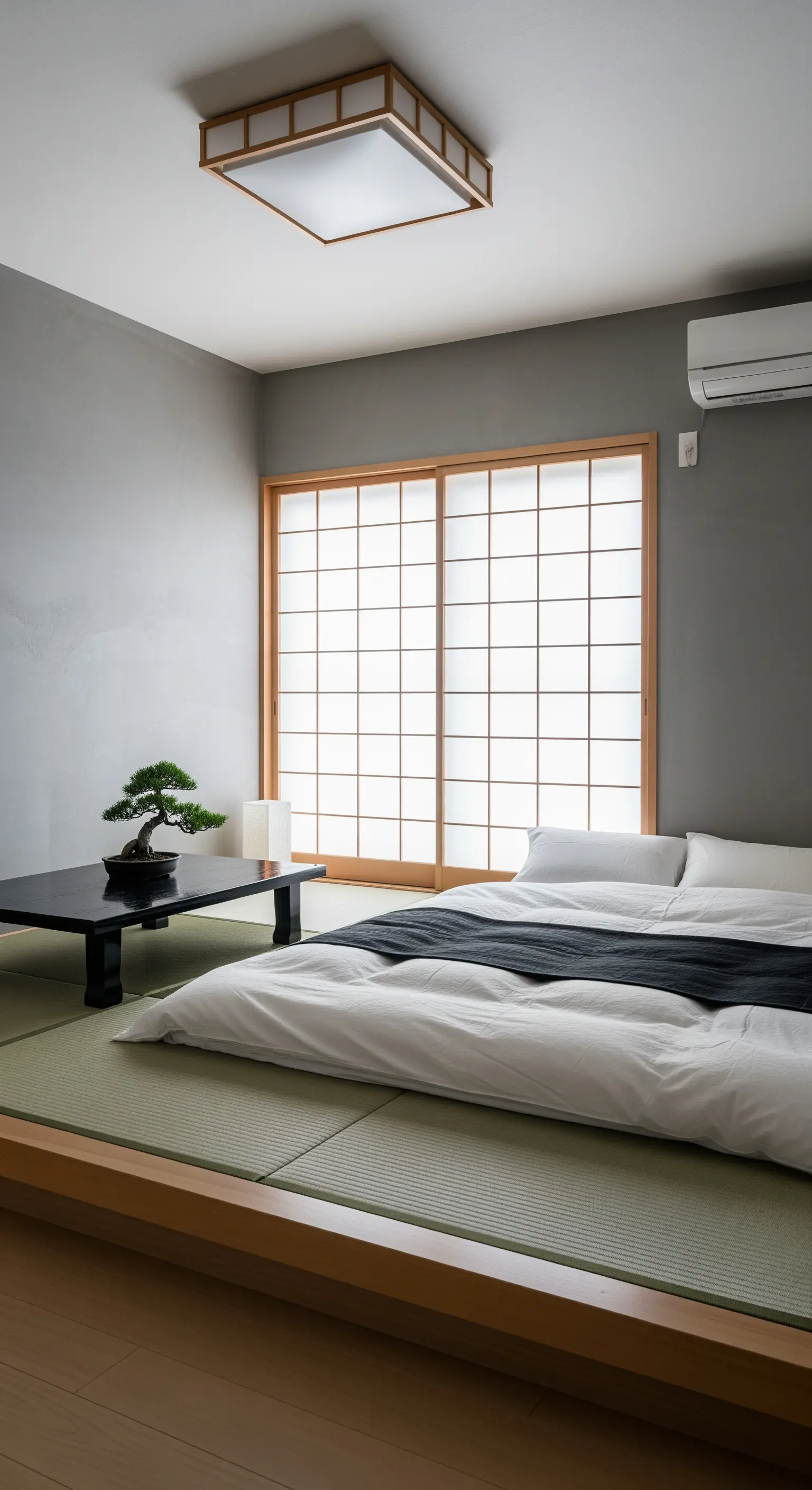 Camera in stile giapponese con pareti grigie, letto basso su tatami e porta shoji.