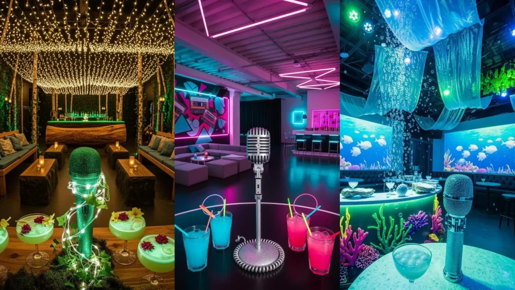 Microfoni glitterati e drink a tema in tre vivaci allestimenti per karaoke party: jungle, neon anni '80 e mondo sottomarino.