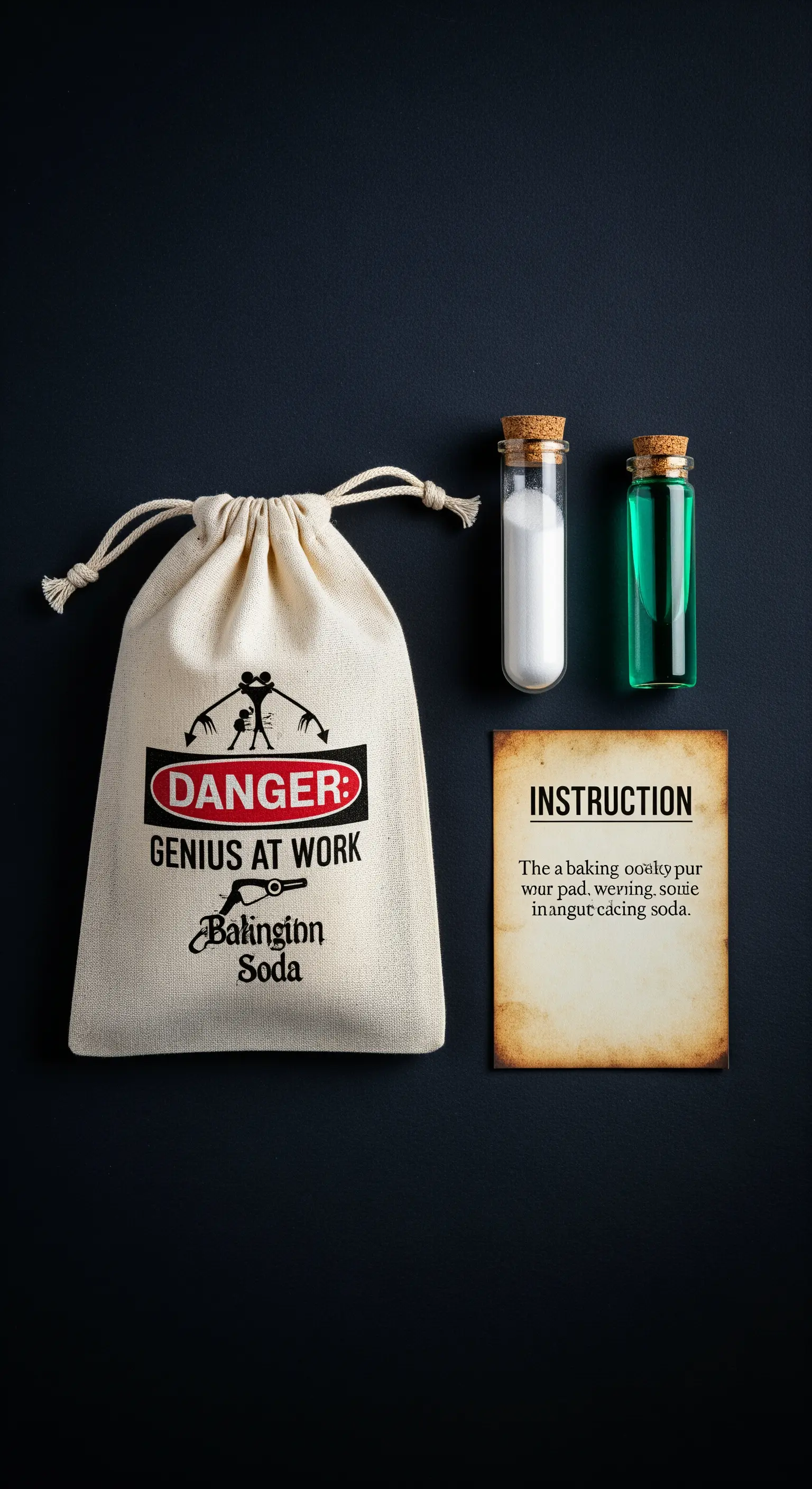 Kit per esperimenti scientifici con provette e istruzioni, contenuto in un sacchetto di tela personalizzato.
