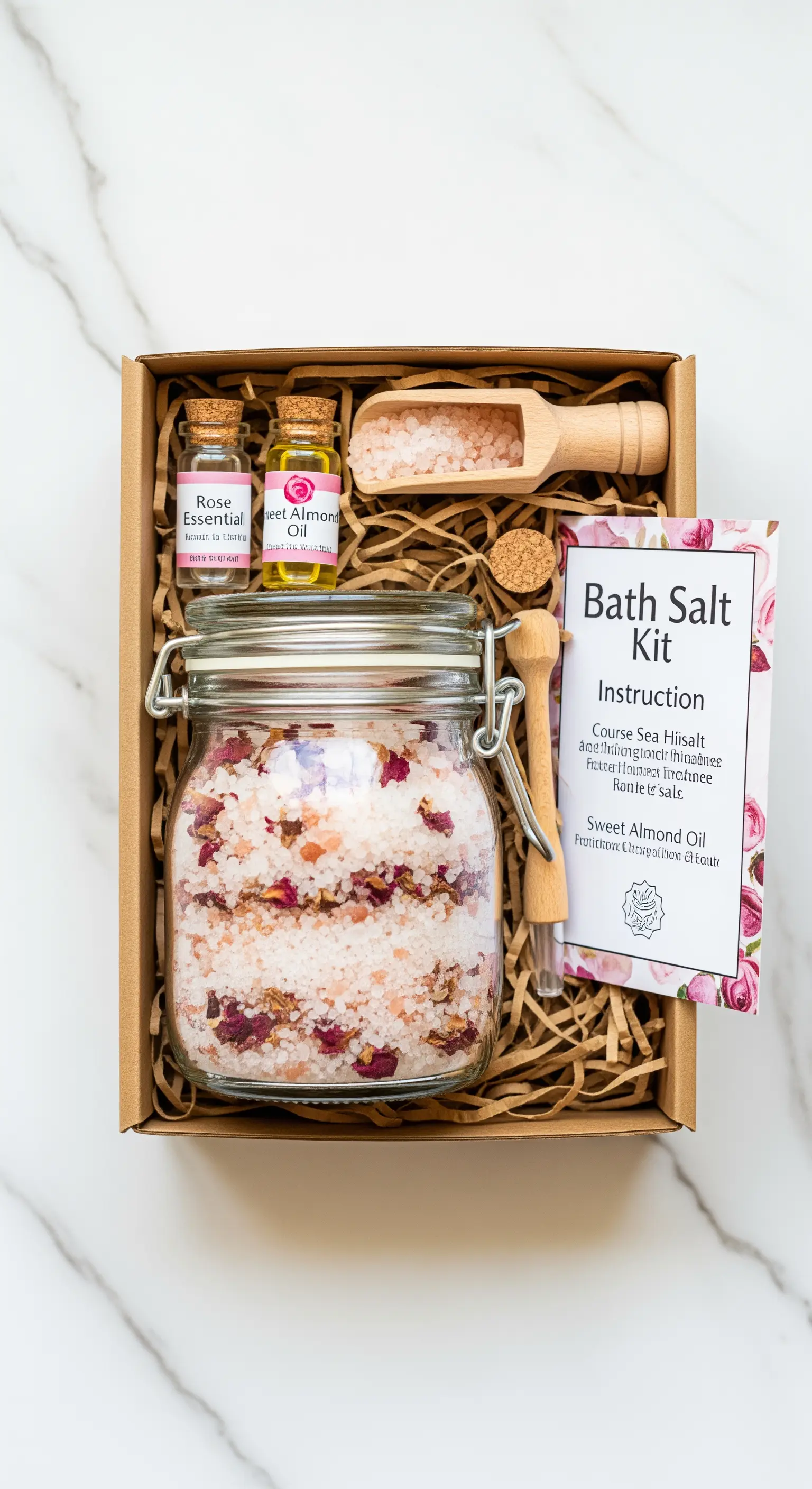 Kit fai-da-te per sali da bagno con sali rosa, petali, oli essenziali e istruzioni.