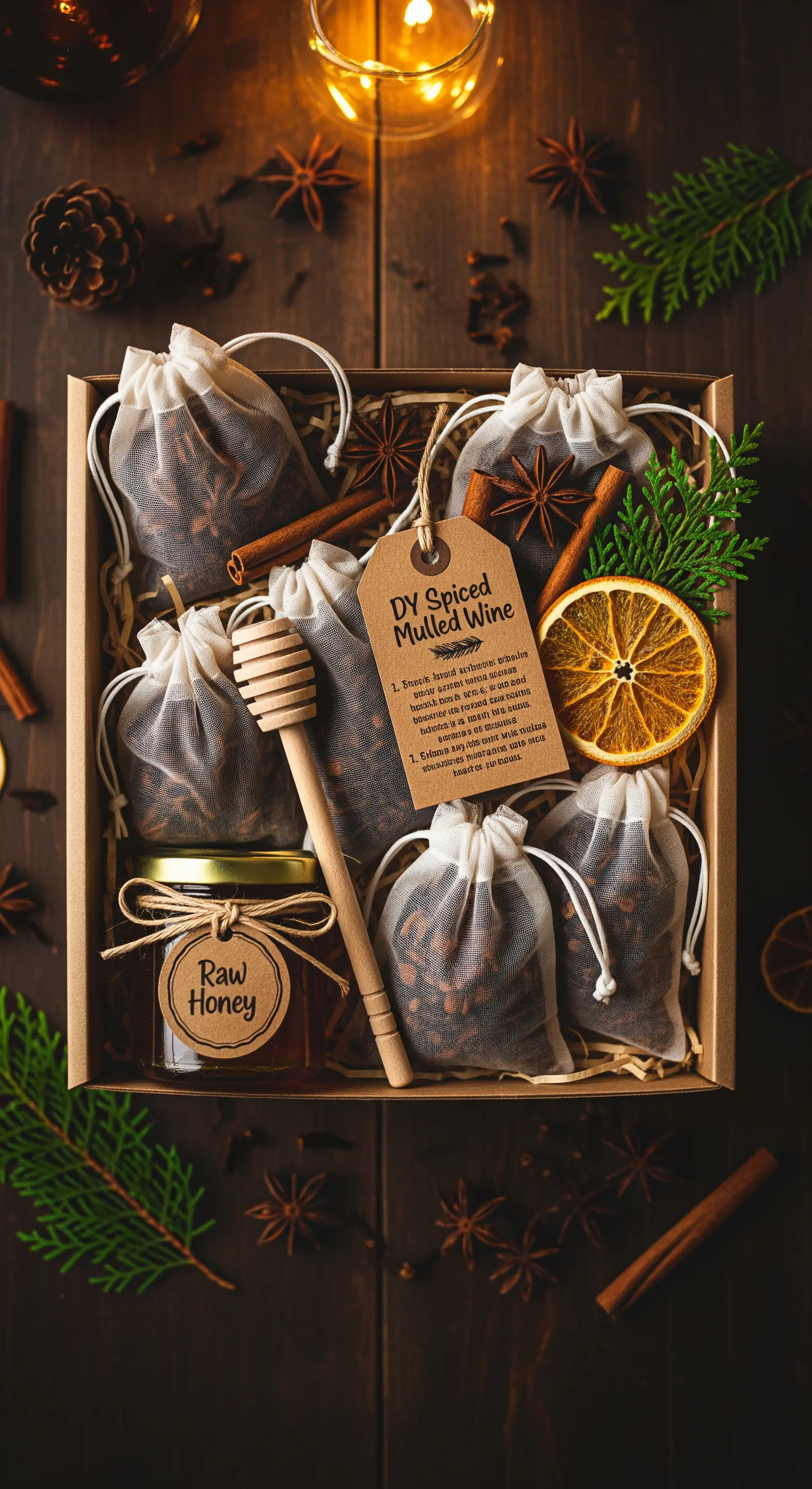 Kit per vin brulé fatto in casa con sacchetti di spezie, miele, mestolo e istruzioni.