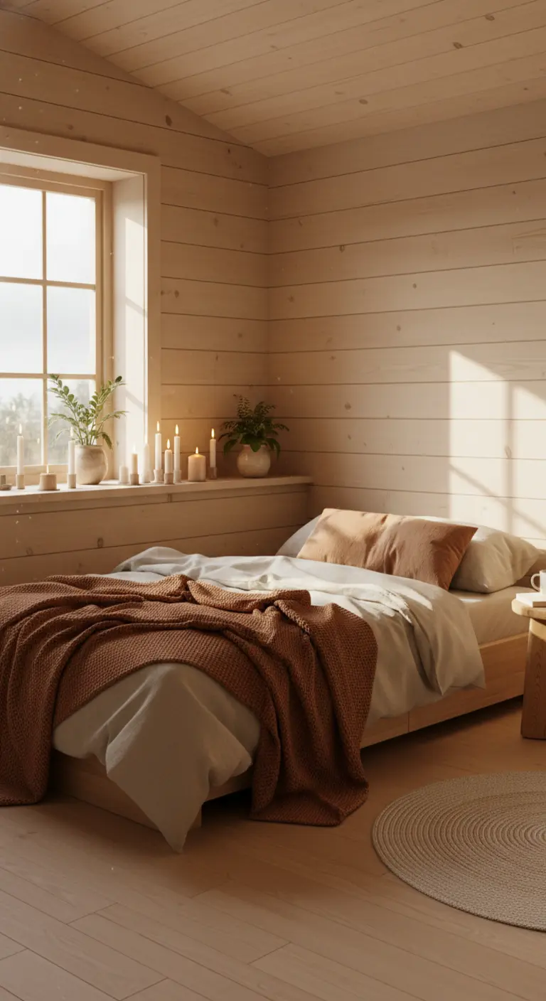 Camera da letto interamente rivestita in legno chiaro, con una coperta color terracotta e candele alla finestra.