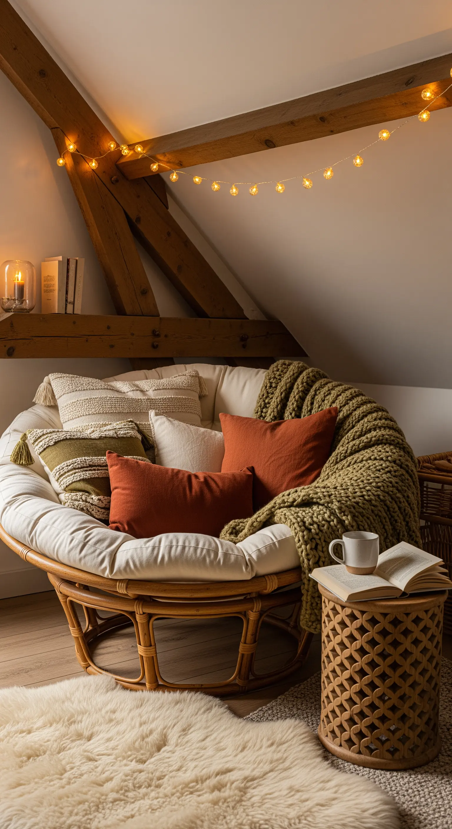 Poltrona Papasan in rattan sotto una trave in legno con luci a stringa in una mansarda accogliente.