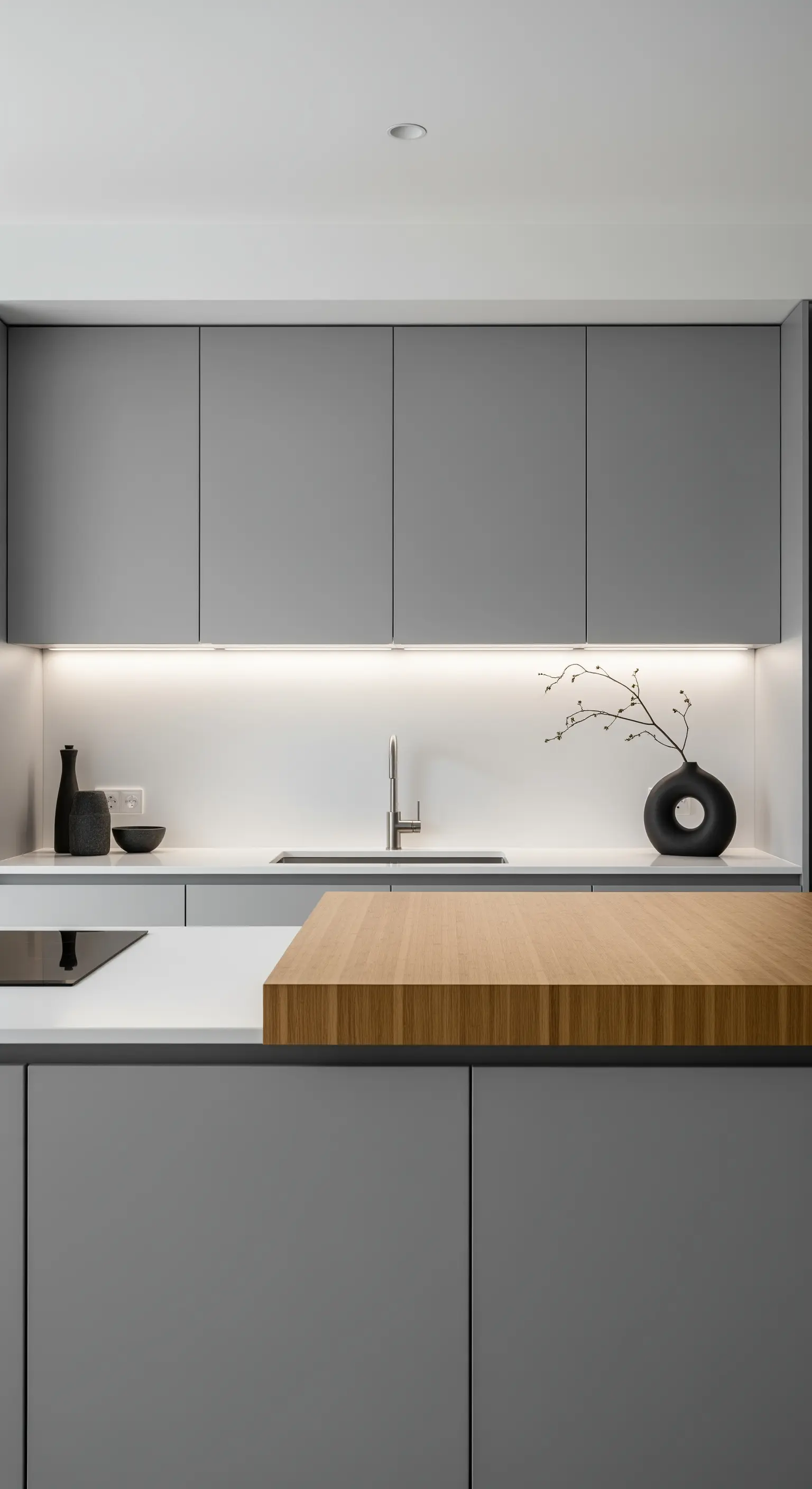 Cucina minimalista grigia con un top in bambù che funge da piano di lavoro aggiuntivo.