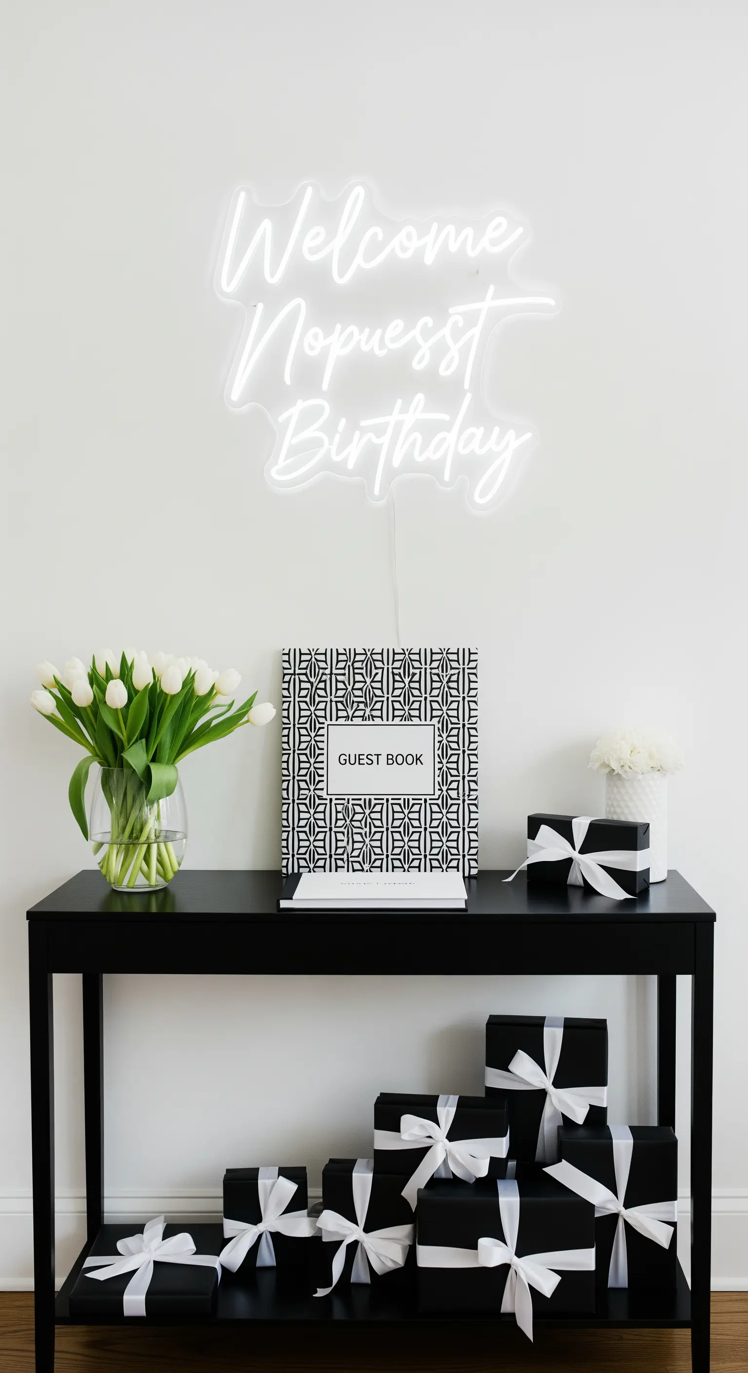 Consolle nera con insegna al neon, guest book a motivi geometrici e regali.