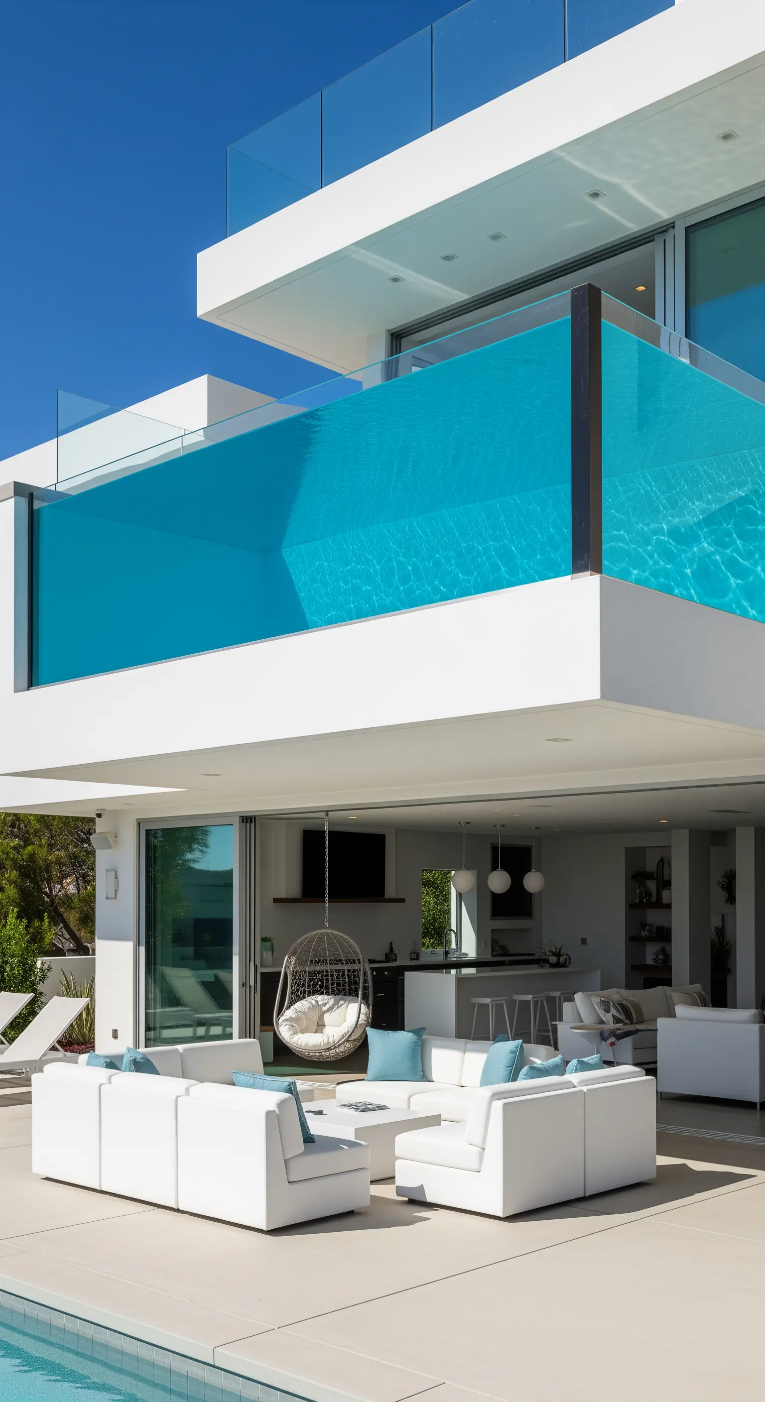 Villa moderna bianca con una piscina dal fondo e pareti in vetro, sospesa sopra un'area lounge.