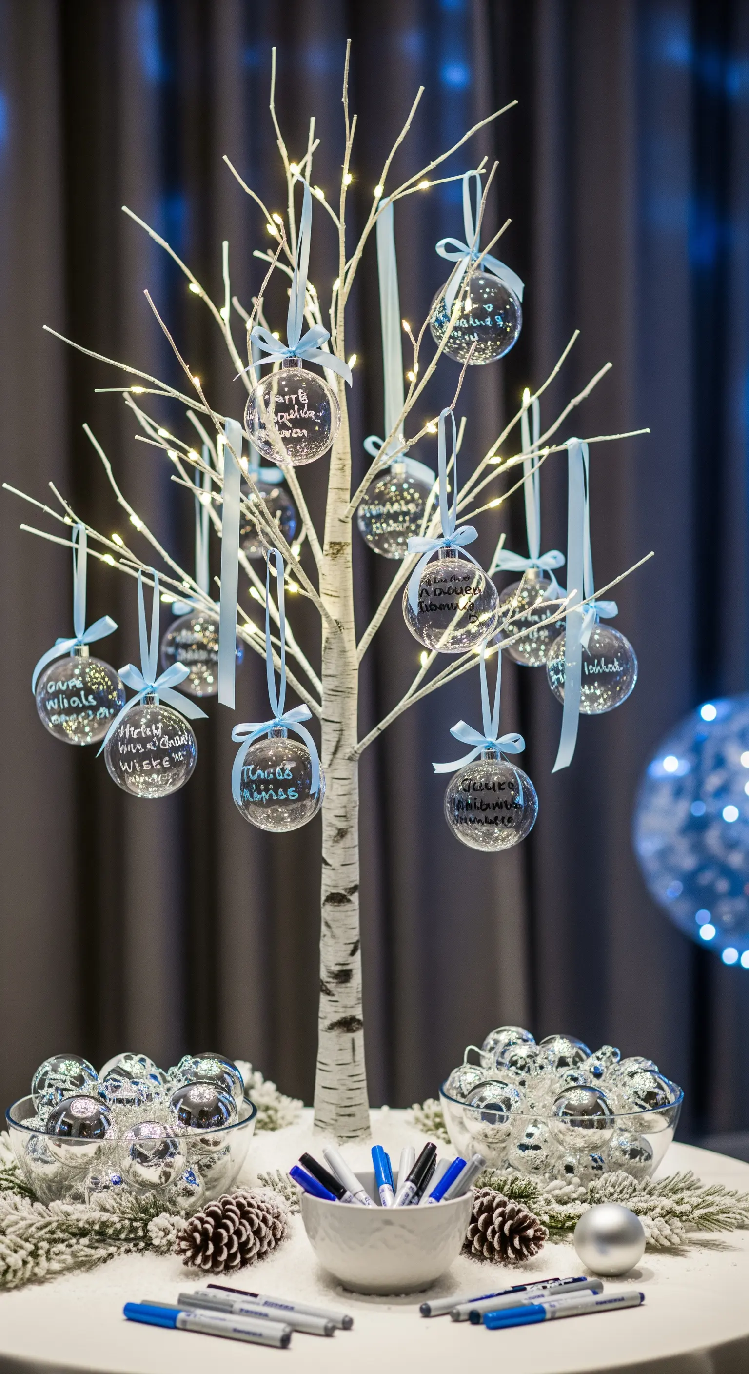 Albero di betulla illuminato con palline trasparenti firmate dagli ospiti