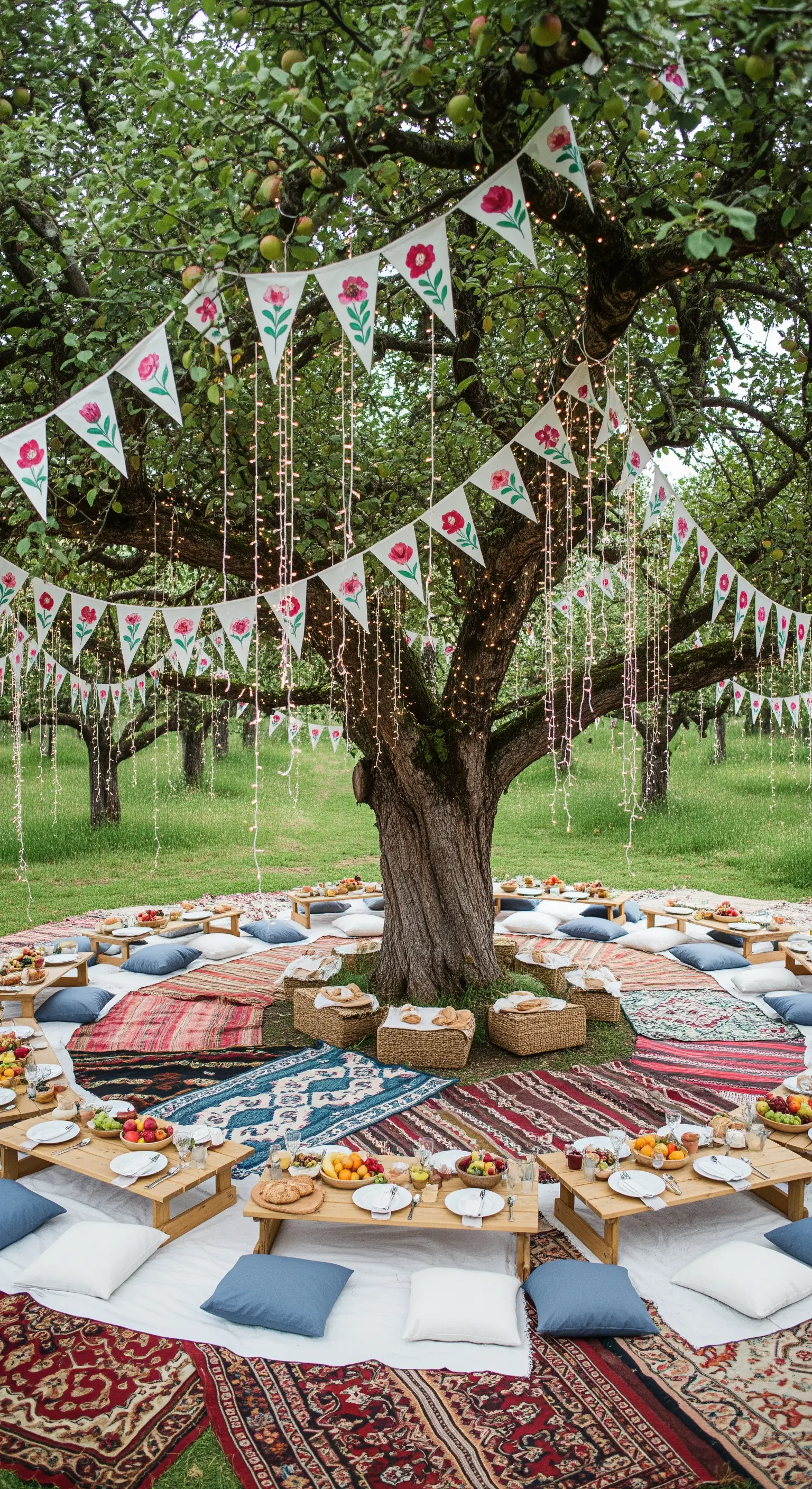 Picnic informale con tappeti e cuscini colorati sotto un grande albero addobbato.