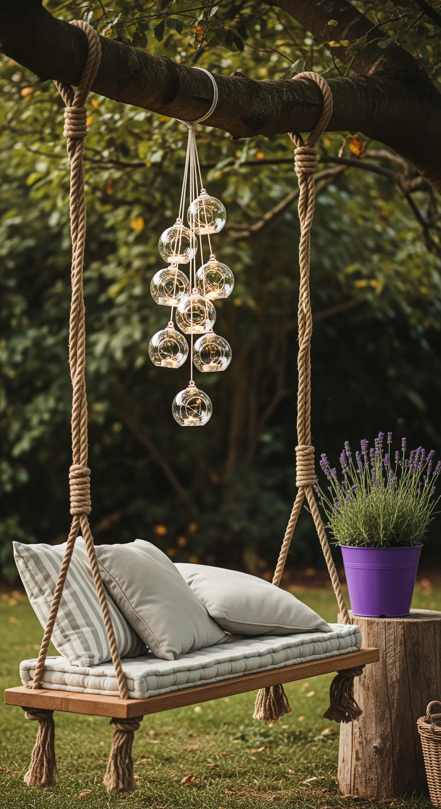 Altalena in legno sospesa a un albero, decorata con cuscini e un grappolo di luci.