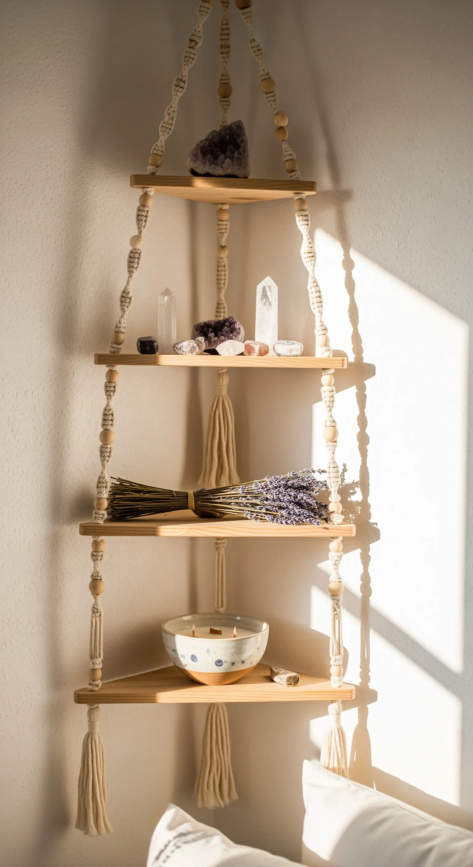 Mensola angolare a più livelli con dettagli in macramé per piccoli oggetti decorativi.