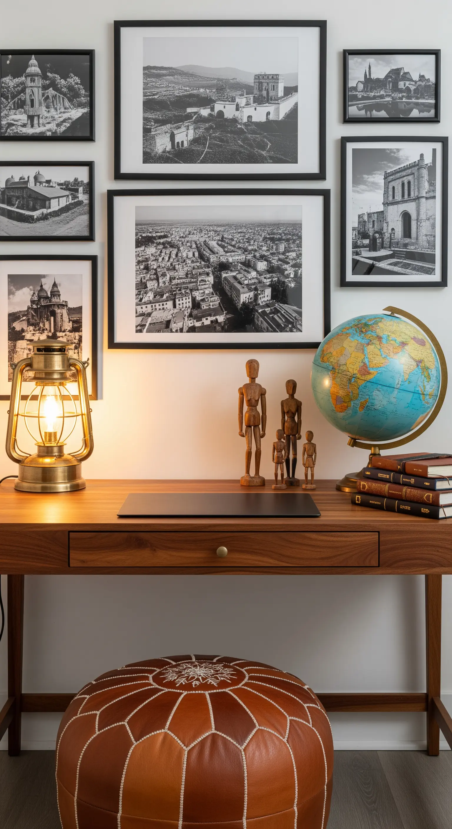 Scrivania con mappamondo, foto di viaggio e lampada a lanterna in ottone.