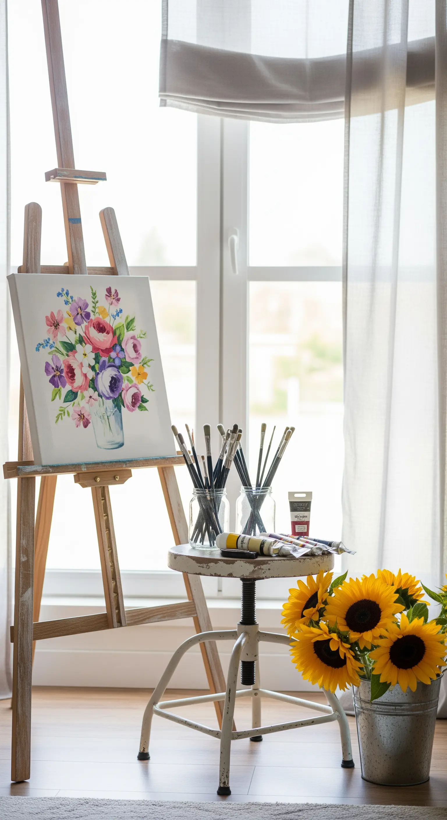 Cavalletto con una tela floreale davanti a una finestra, con pennelli e un mazzo di girasoli.