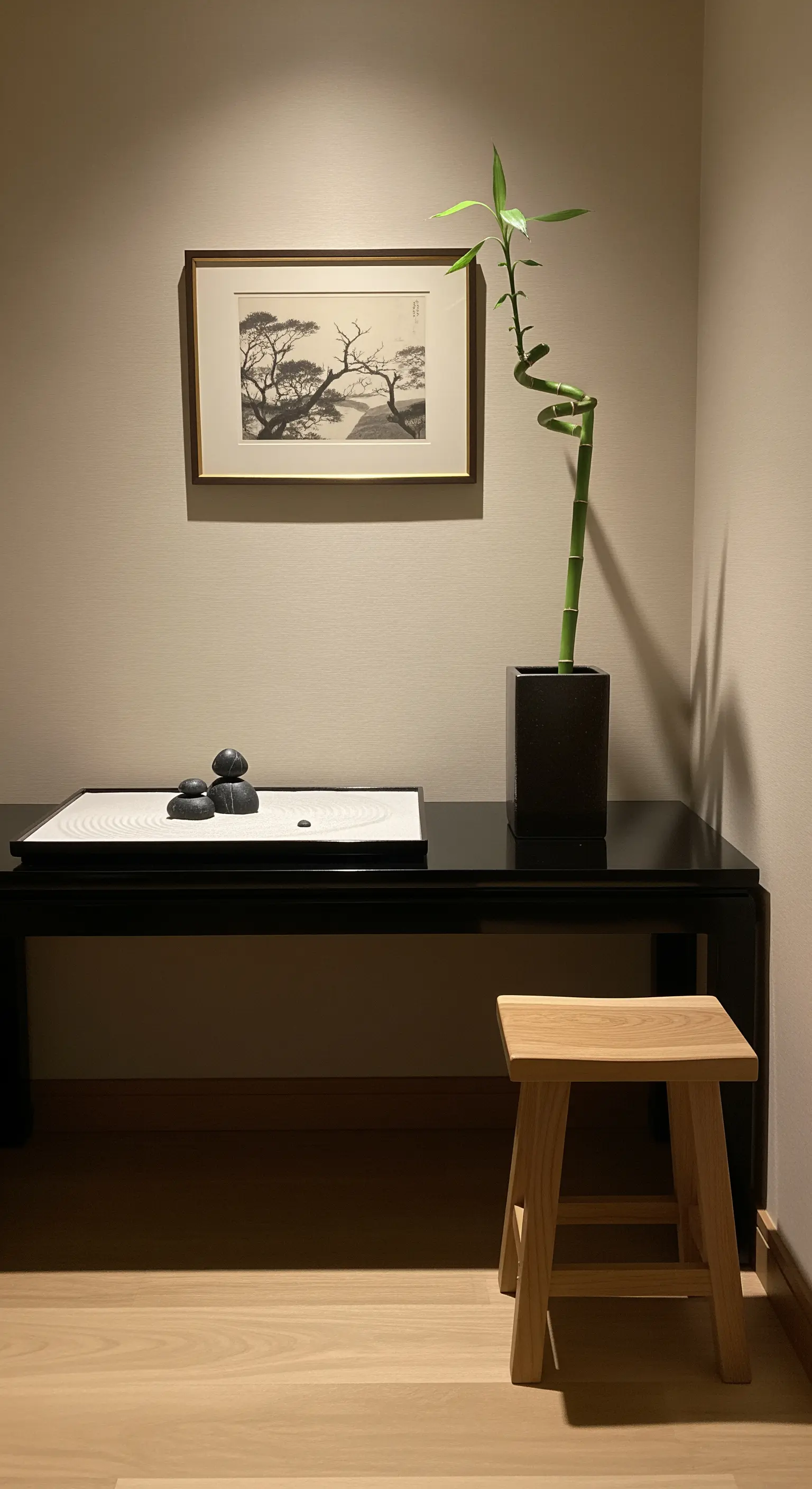 Console nera con giardino zen da tavolo, vaso con bambù e sgabello in legno in un angolo tranquillo.