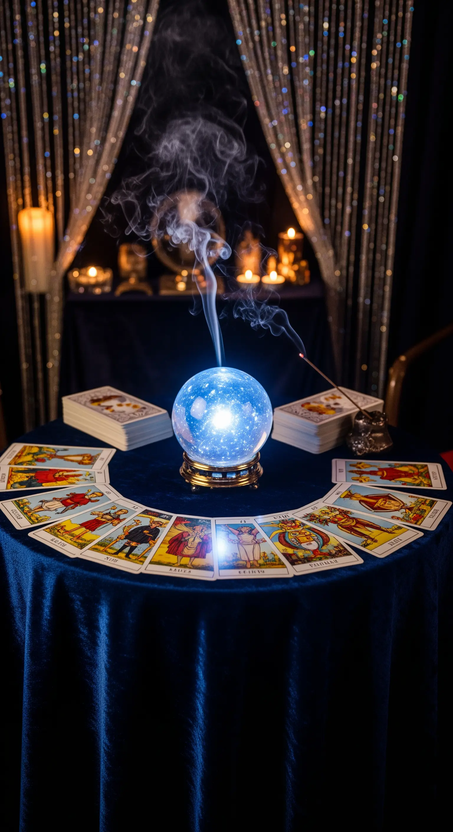 Tavolo da cartomante con sfera di cristallo luminosa, tarocchi e fumo d'incenso.