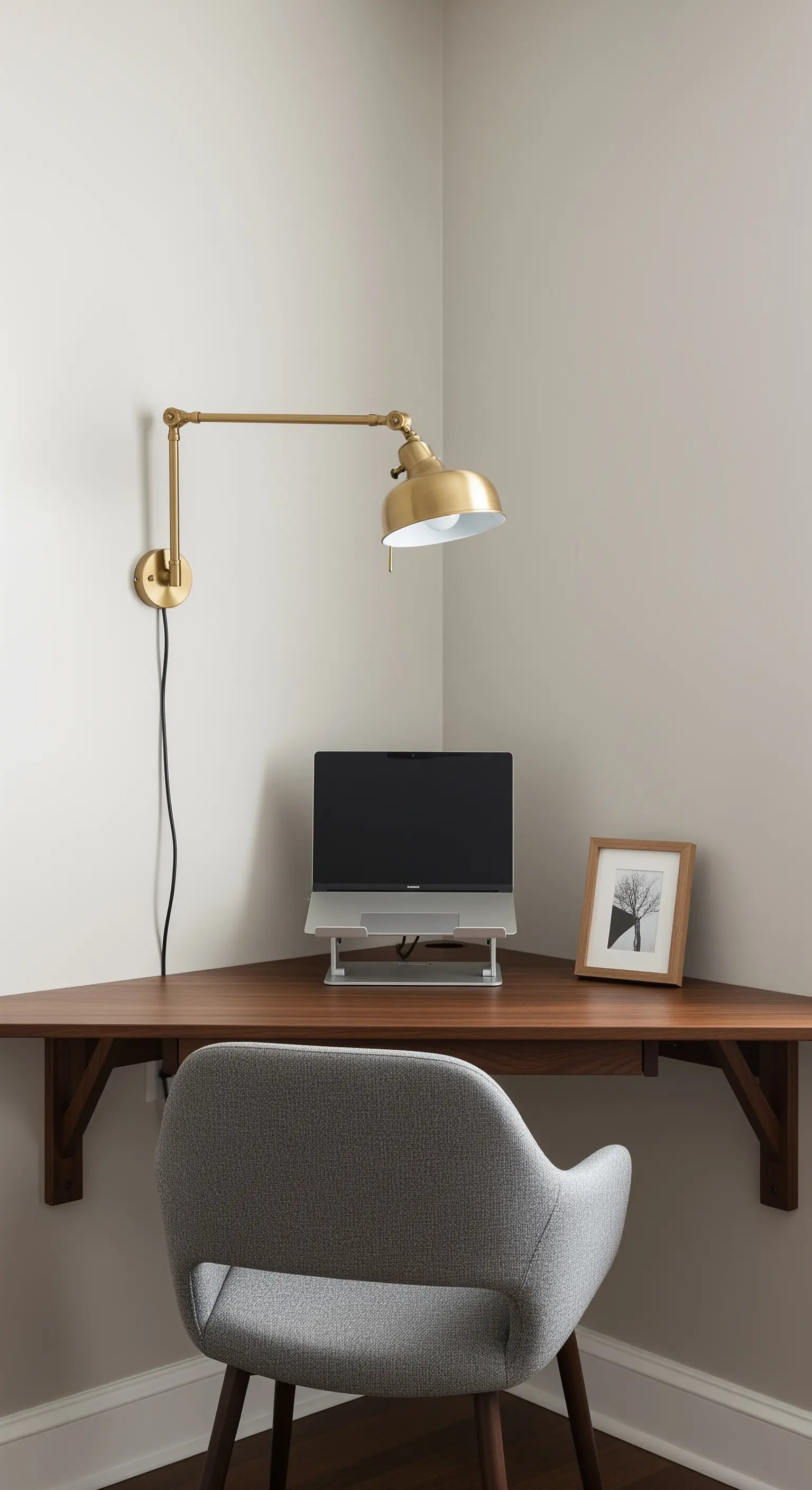 Scrivania angolare sospesa in legno scuro con lampada a muro in ottone.