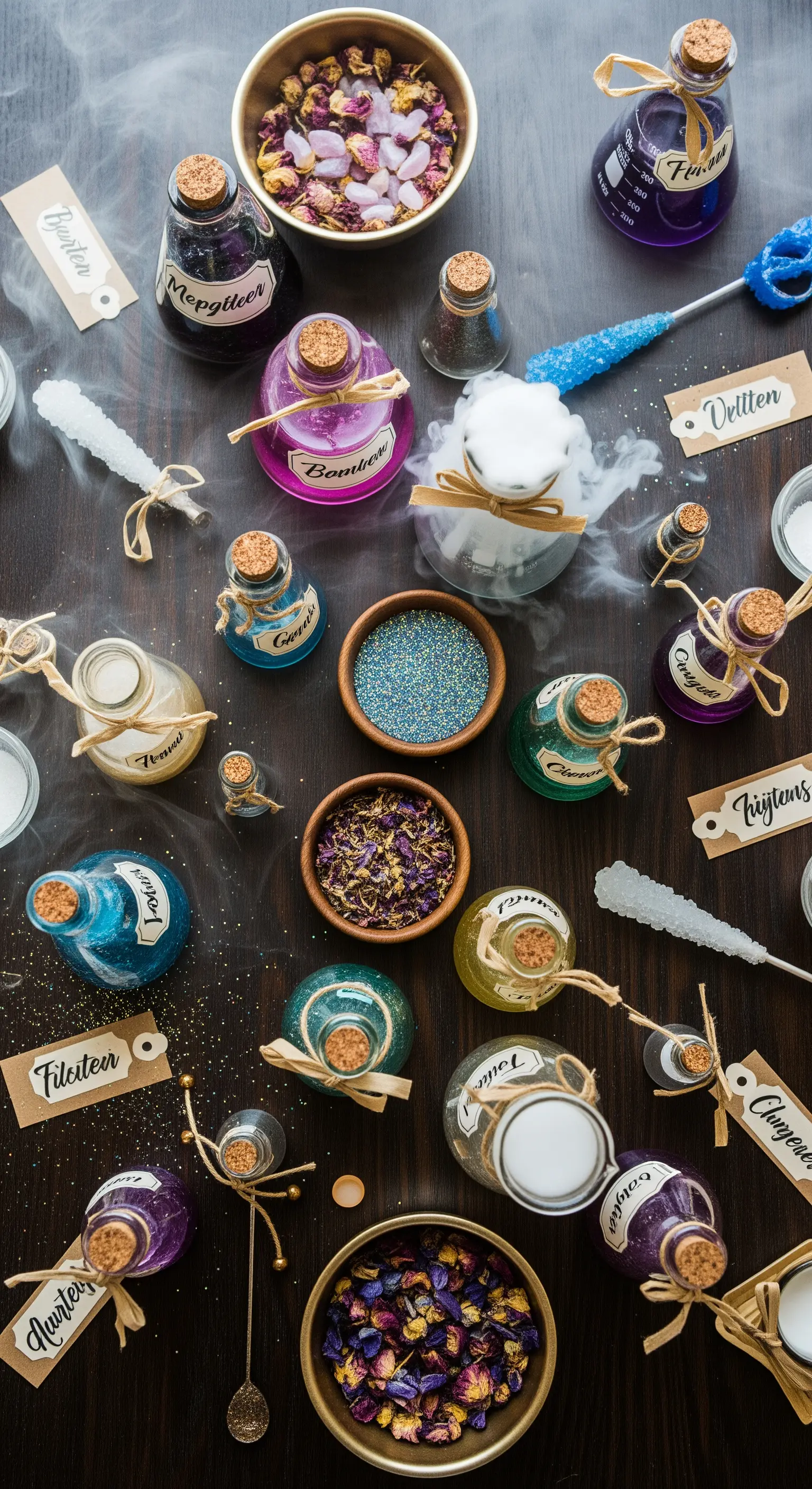 Tavolo di legno scuro con boccette di pozioni magiche colorate, fiori secchi e fumo.