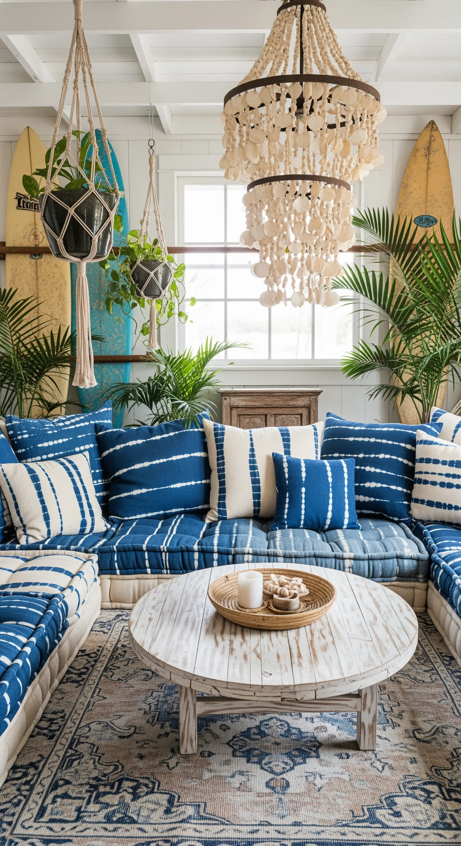 Living boho-coastal con cuscini tie-dye, lampadario di conchiglie e piante tropicali.