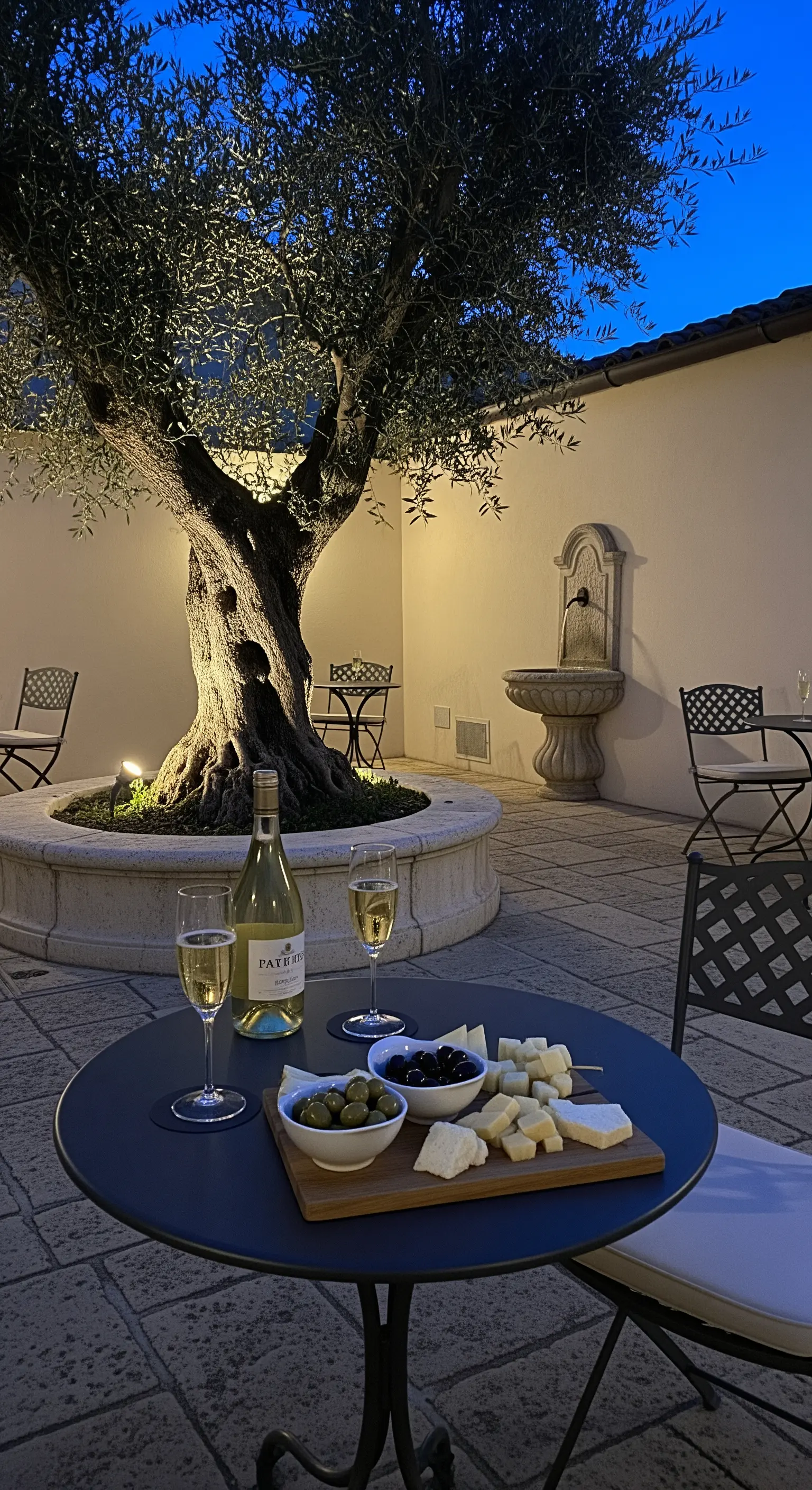 Tavolo per aperitivo con vino e formaggi sotto un ulivo illuminato in un cortile.