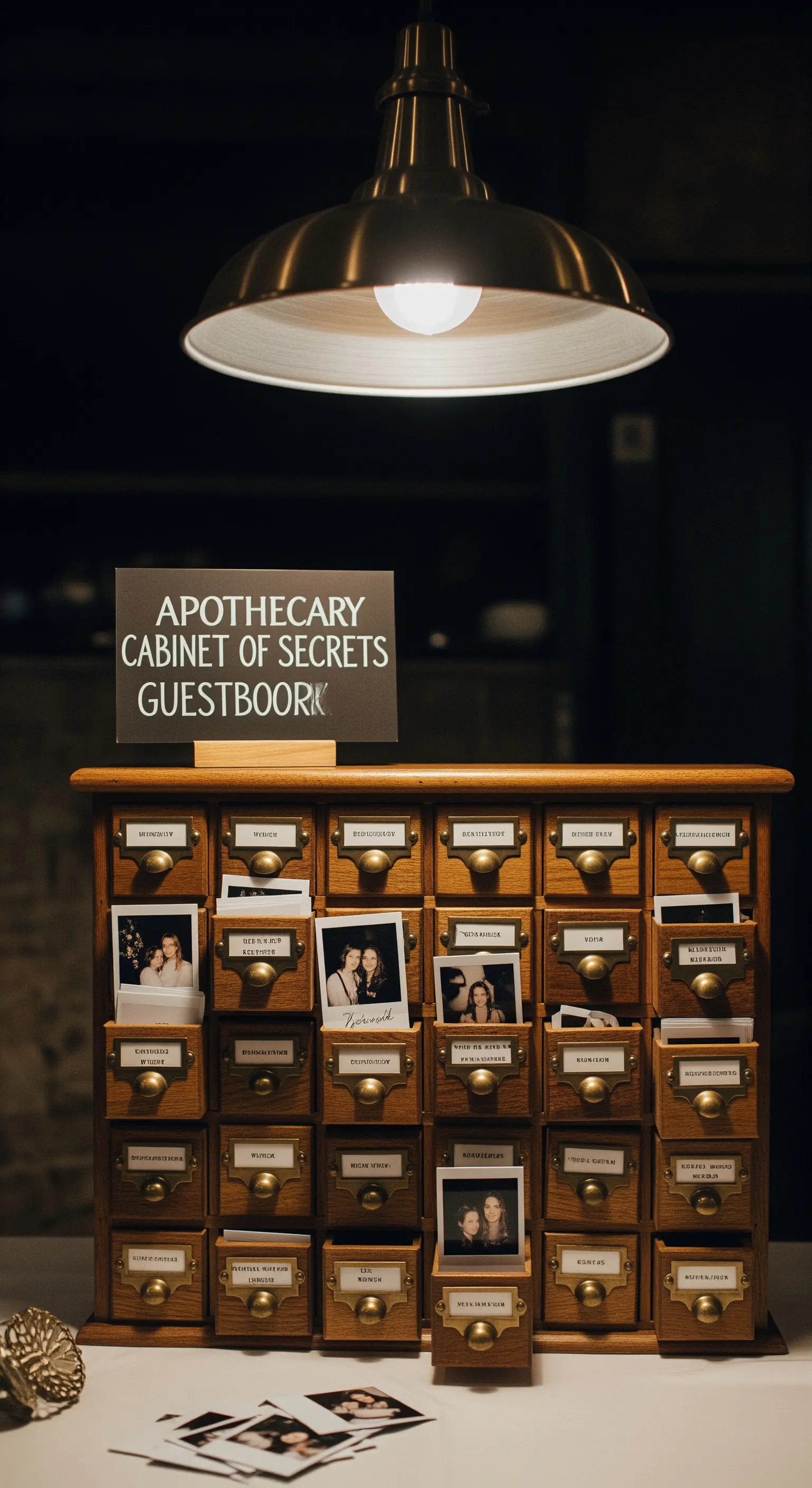 Schedario da farmacia in legno con cassetti etichettati, utilizzato per archiviare polaroid e messaggi.