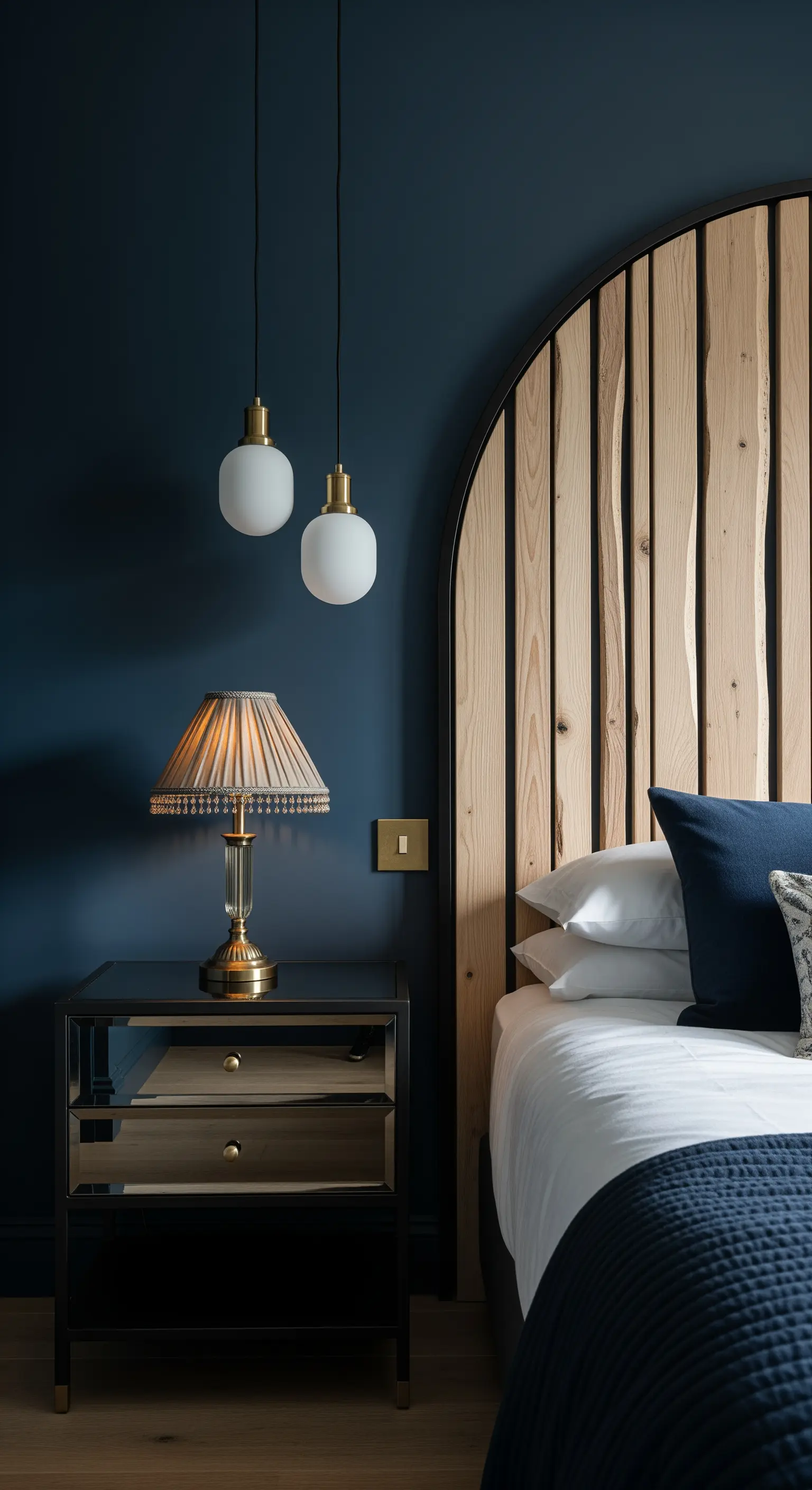 Testiera ad arco in legno e metallo nero contro una parete blu scuro, con illuminazione di design.