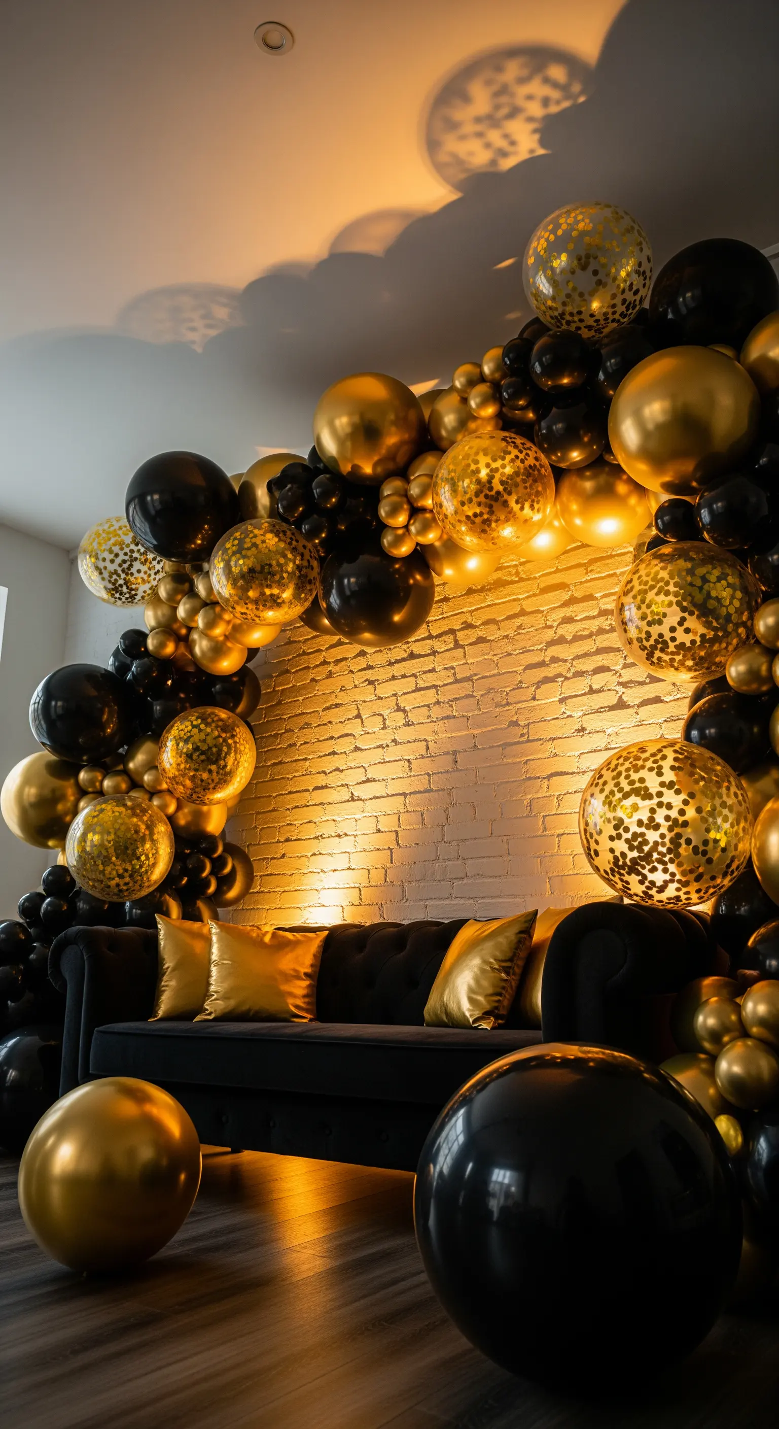 Arco di palloncini neri e oro che incornicia un divano nero con cuscini dorati.