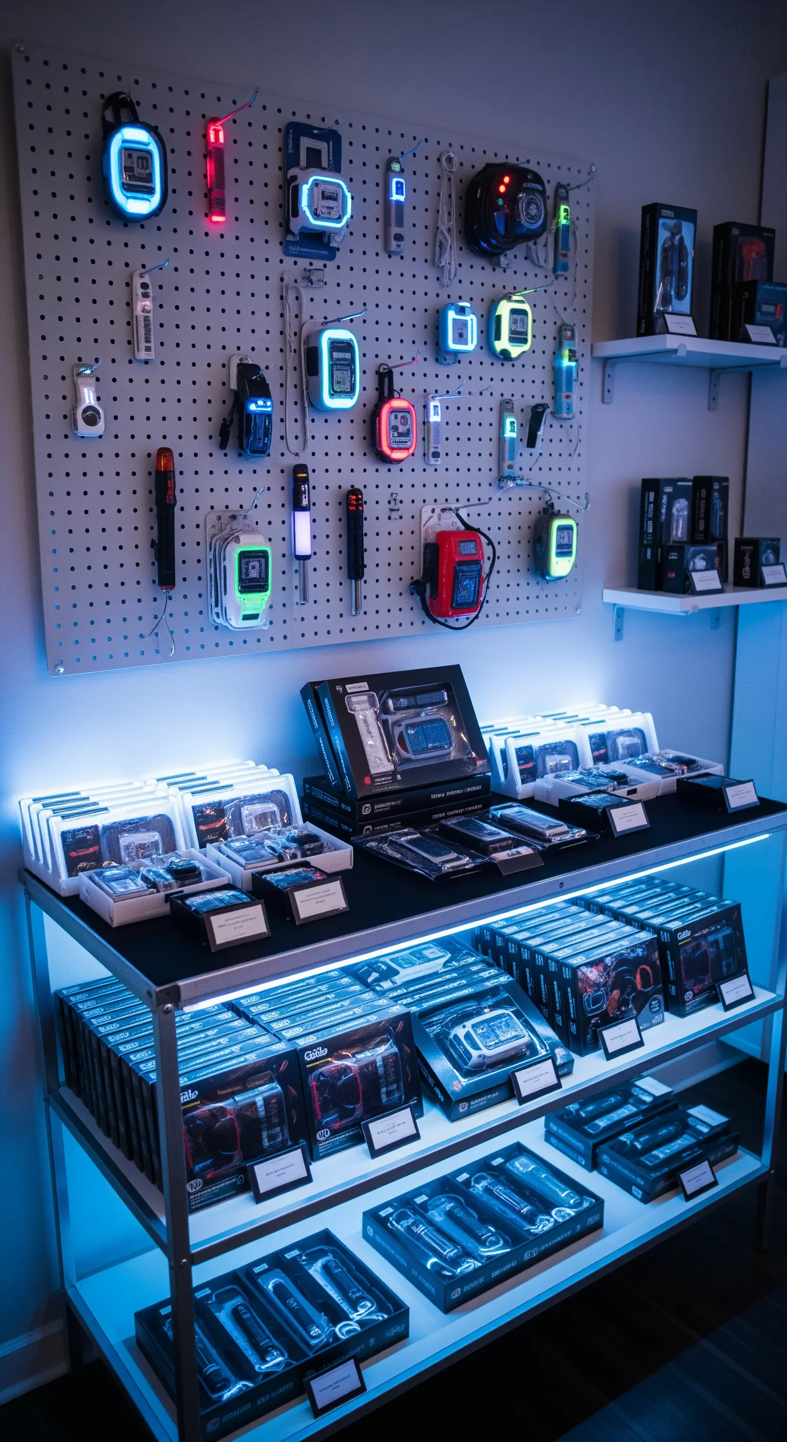 Espositore con gadget tecnologici per una festa a tema, illuminato da luci blu.