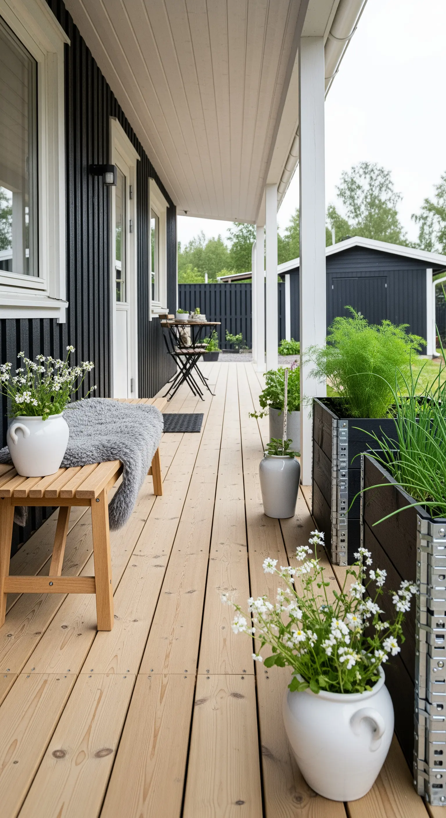 Veranda in stile scandinavo con doghe in legno chiaro, pareti nere e fioriere coordinate.