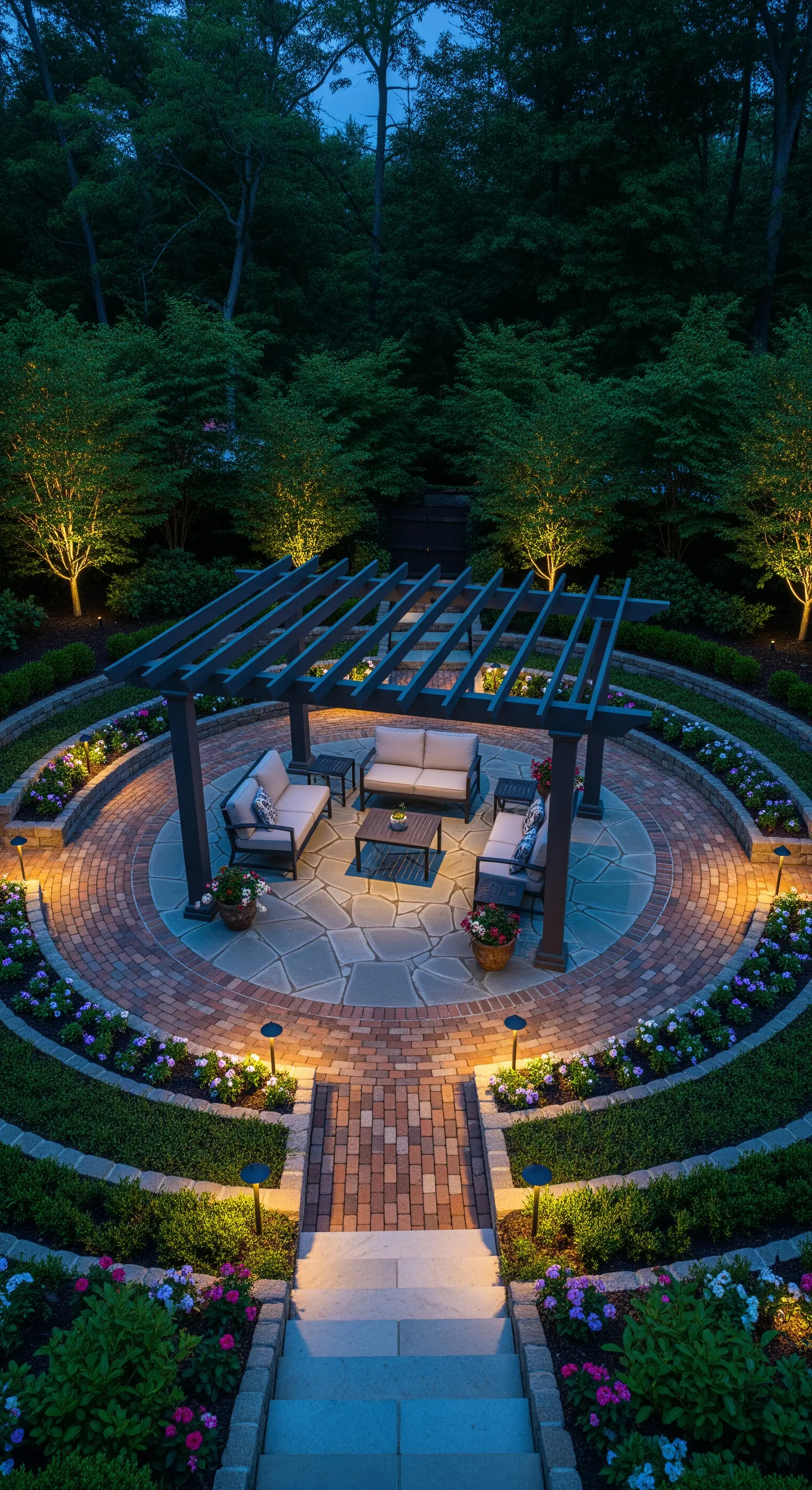Patio circolare con salotto sotto un pergolato, illuminato da faretti perimetrali e circondato da aiuole.