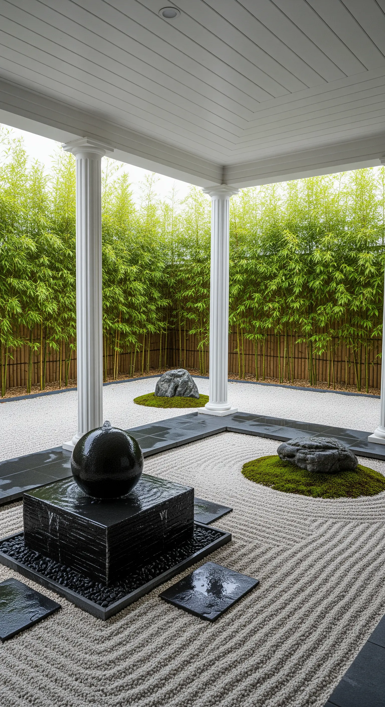 Giardino zen con ghiaia bianca rastrellata, colonne, bambù e una fontana a sfera nera.