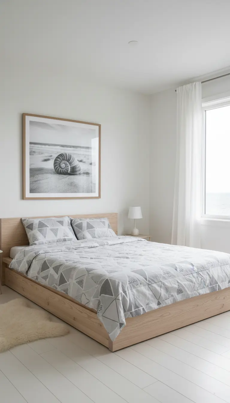Letto in legno chiaro con sopra una grande fotografia in bianco e nero di una conchiglia sulla spiaggia.