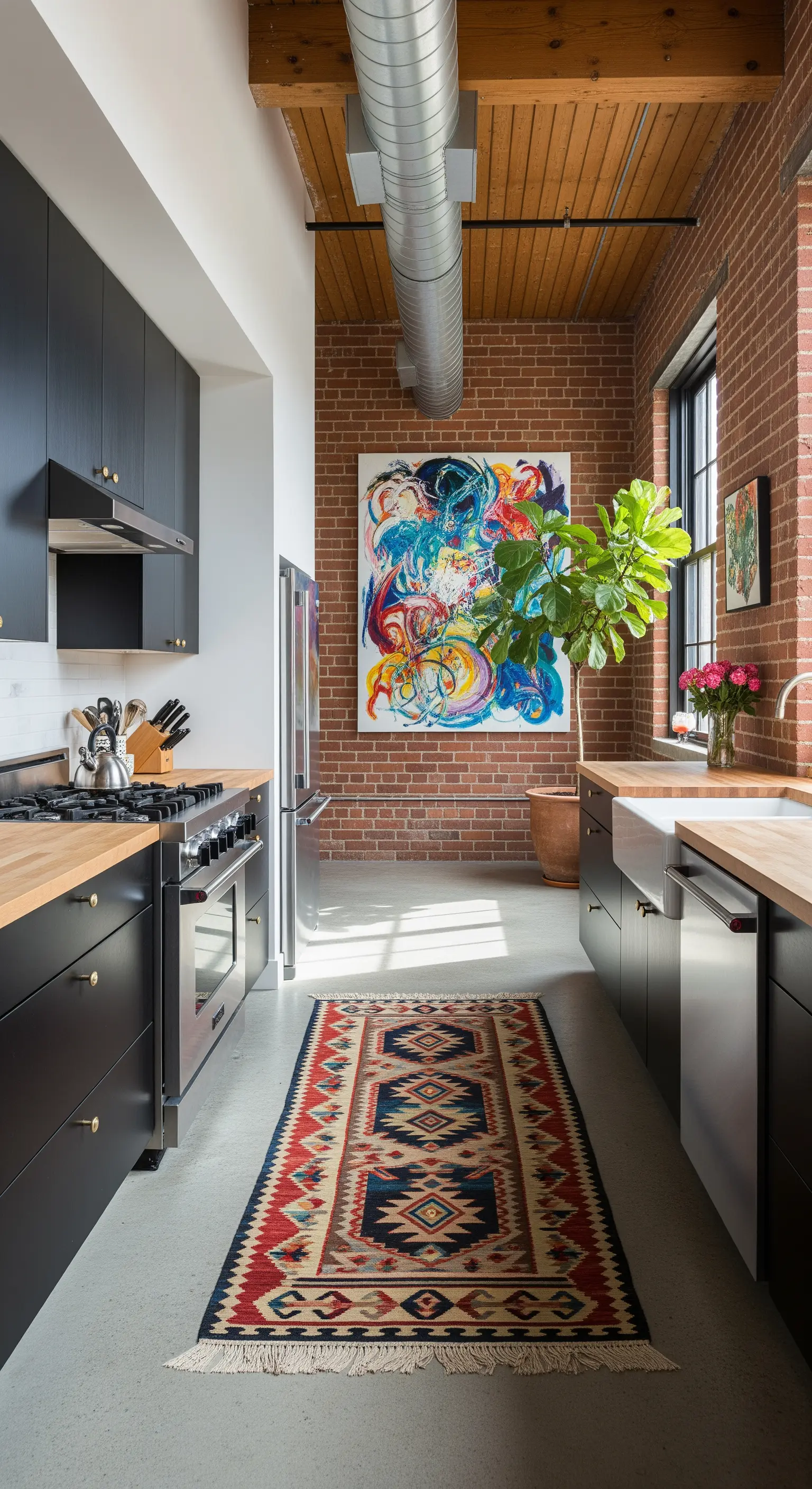 Cucina industrial con parete in mattoni, tappeto kilim e un grande quadro astratto colorato.
