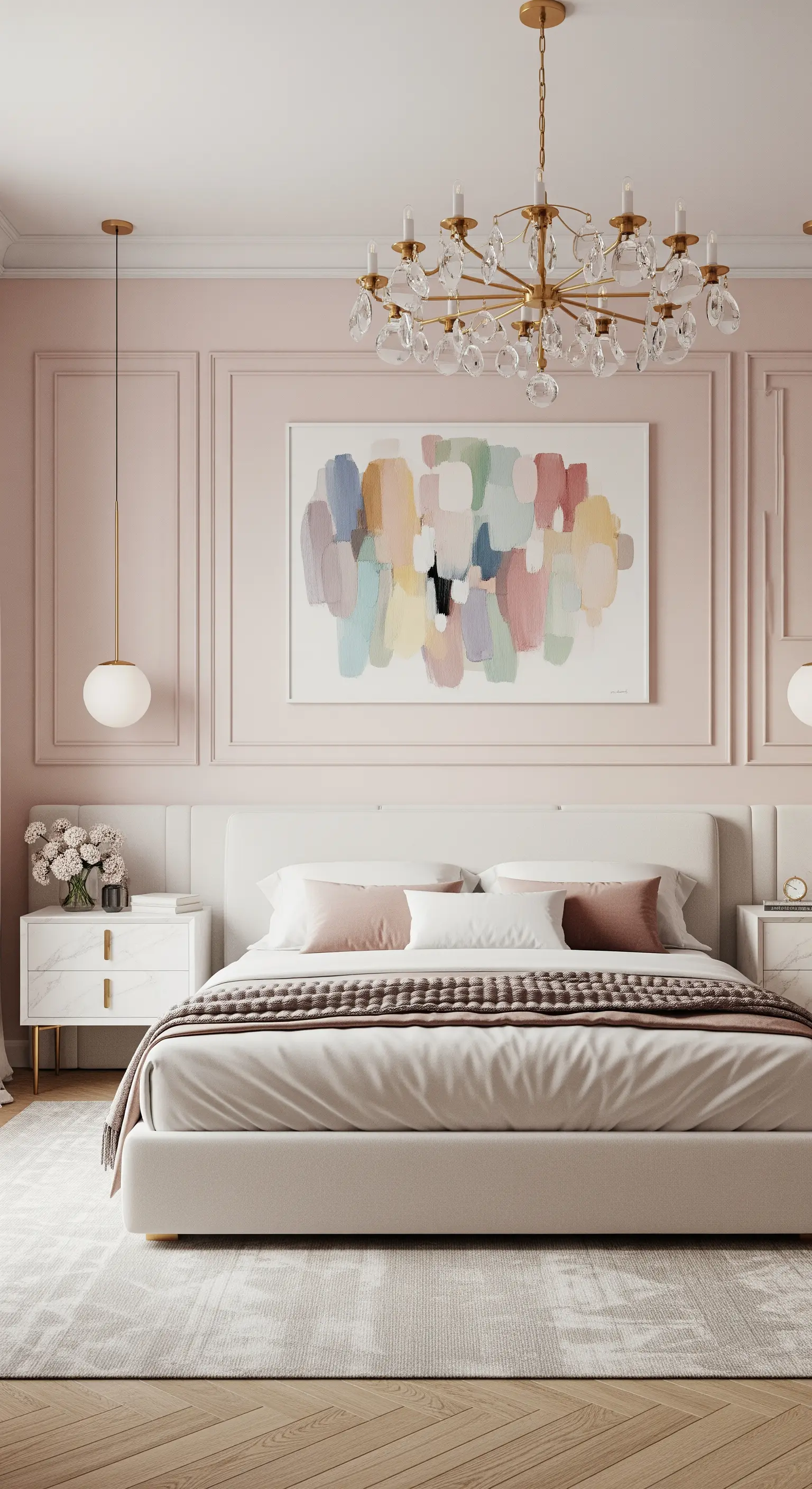 Grande quadro astratto con colori pastello sopra un letto bianco in una camera rosa.