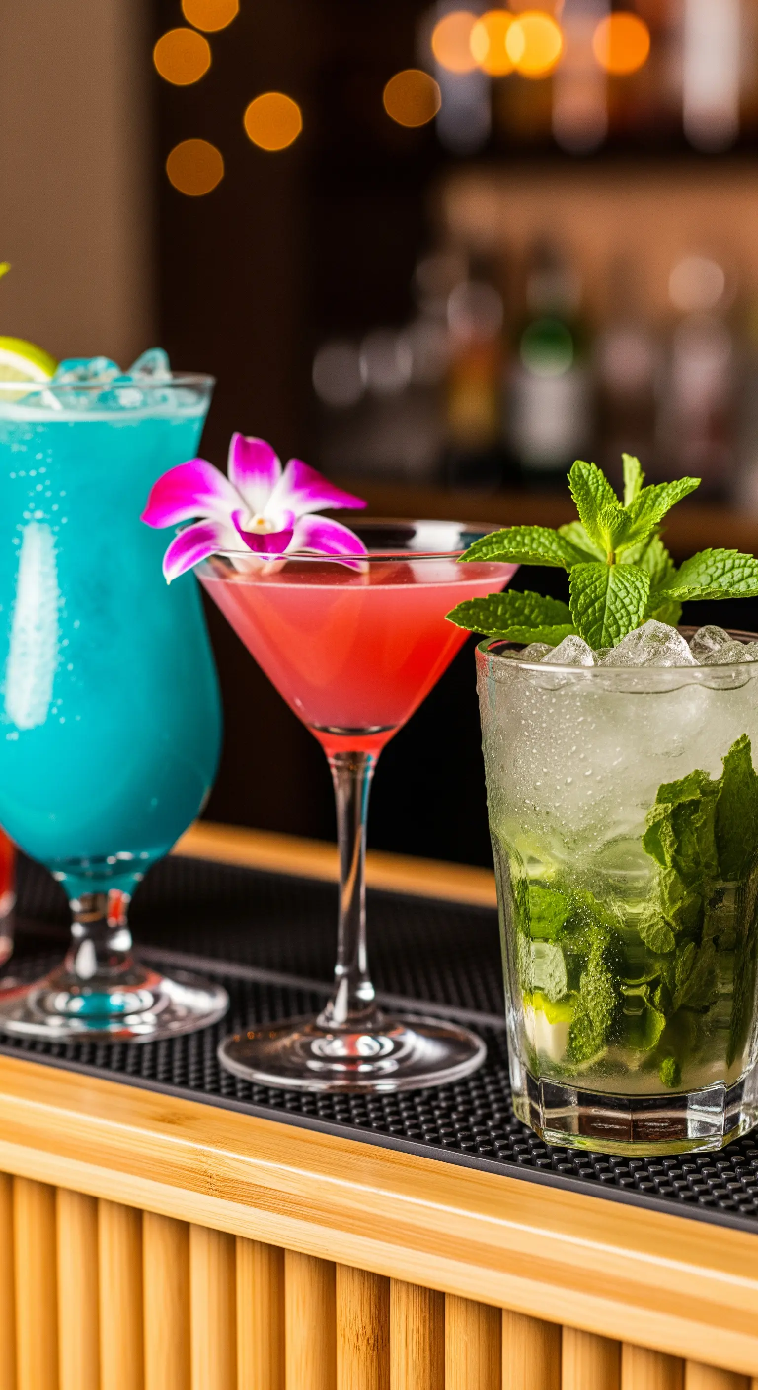 Primo piano di tre cocktail tropicali colorati: blu, rosa e un mojito.
